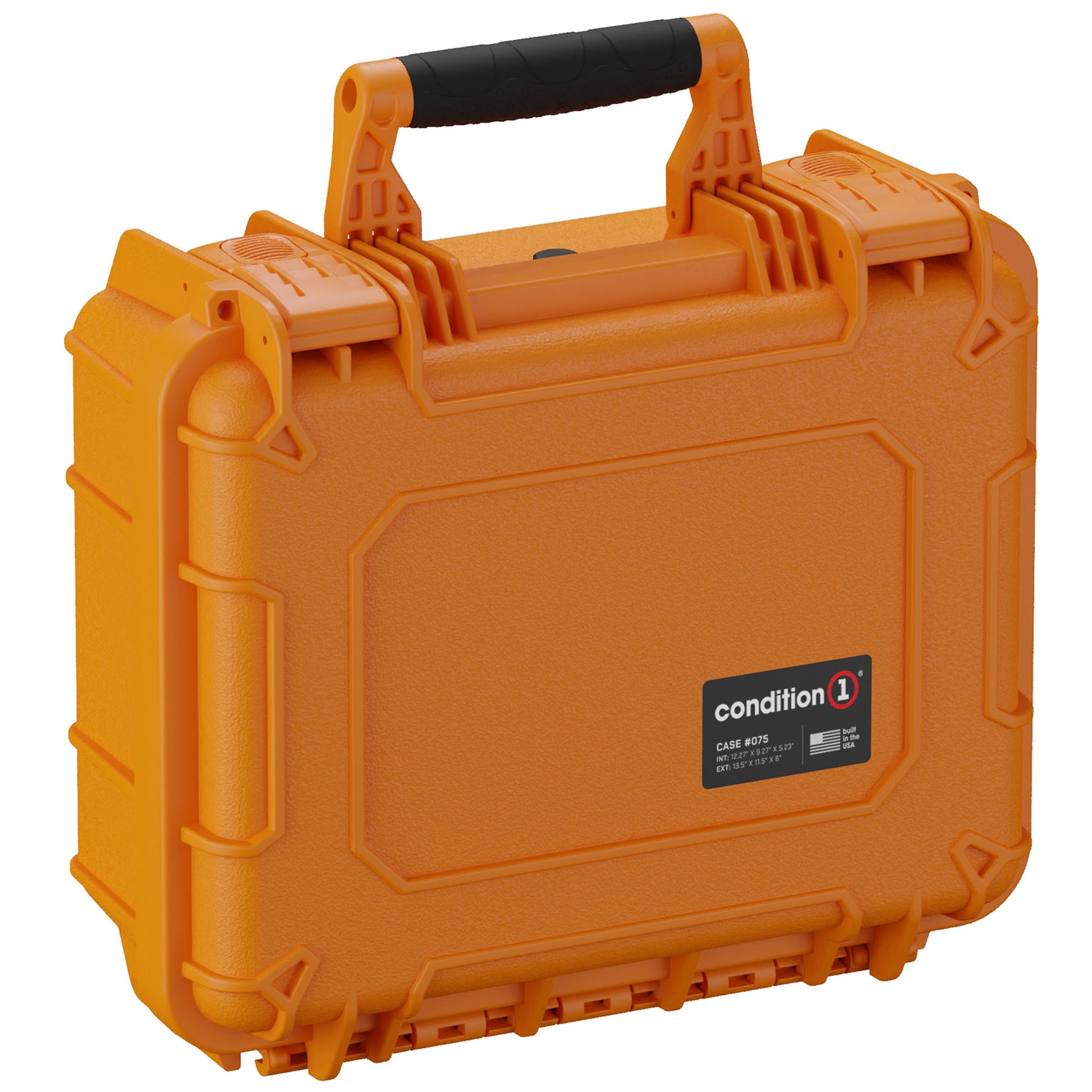 Orange durable hard case with black handle, labeled "Condition 1 Case #075," suitable for storage and protection of equipment.