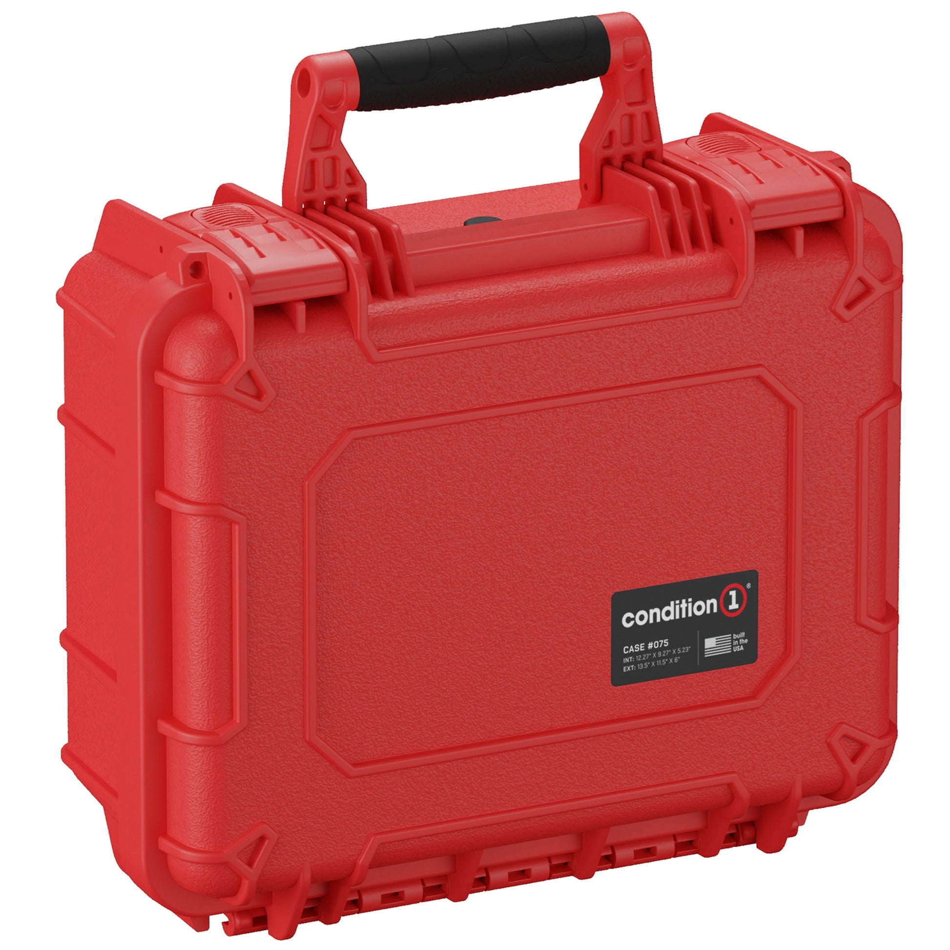 Alt text: Bright red 14-inch medium-sized rugged protective case with a black handle, designated as "Case #075" by Condition 1, featuring sturdy latches and reinforced corners, displayed on a white background.
