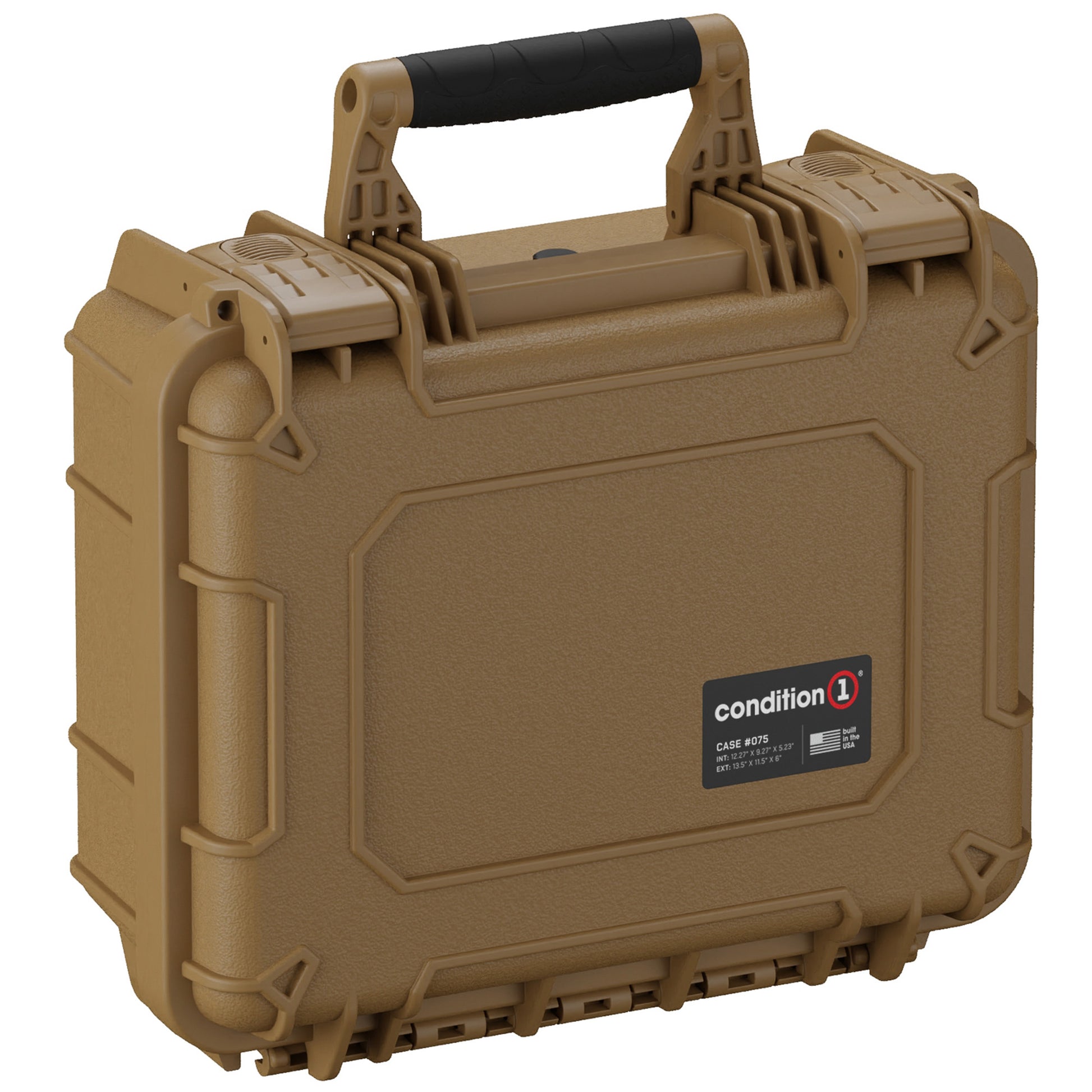 Alt text: "Durable tan 14-inch Condition 1 micro gun case #075 with a robust handle and secure latch system, featuring reinforced corners and padlock adaptors for enhanced security."