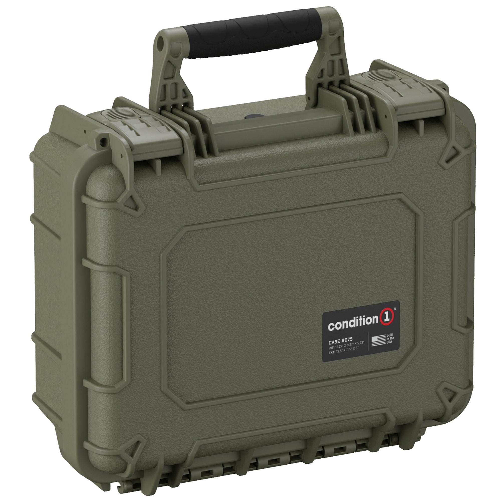 Alt text: "Olive green Condition 1 micro gun case, model #075, featuring a durable handle, secure latches, and reinforced corners, suitable for carrying and protecting small firearms and sensitive equipment."