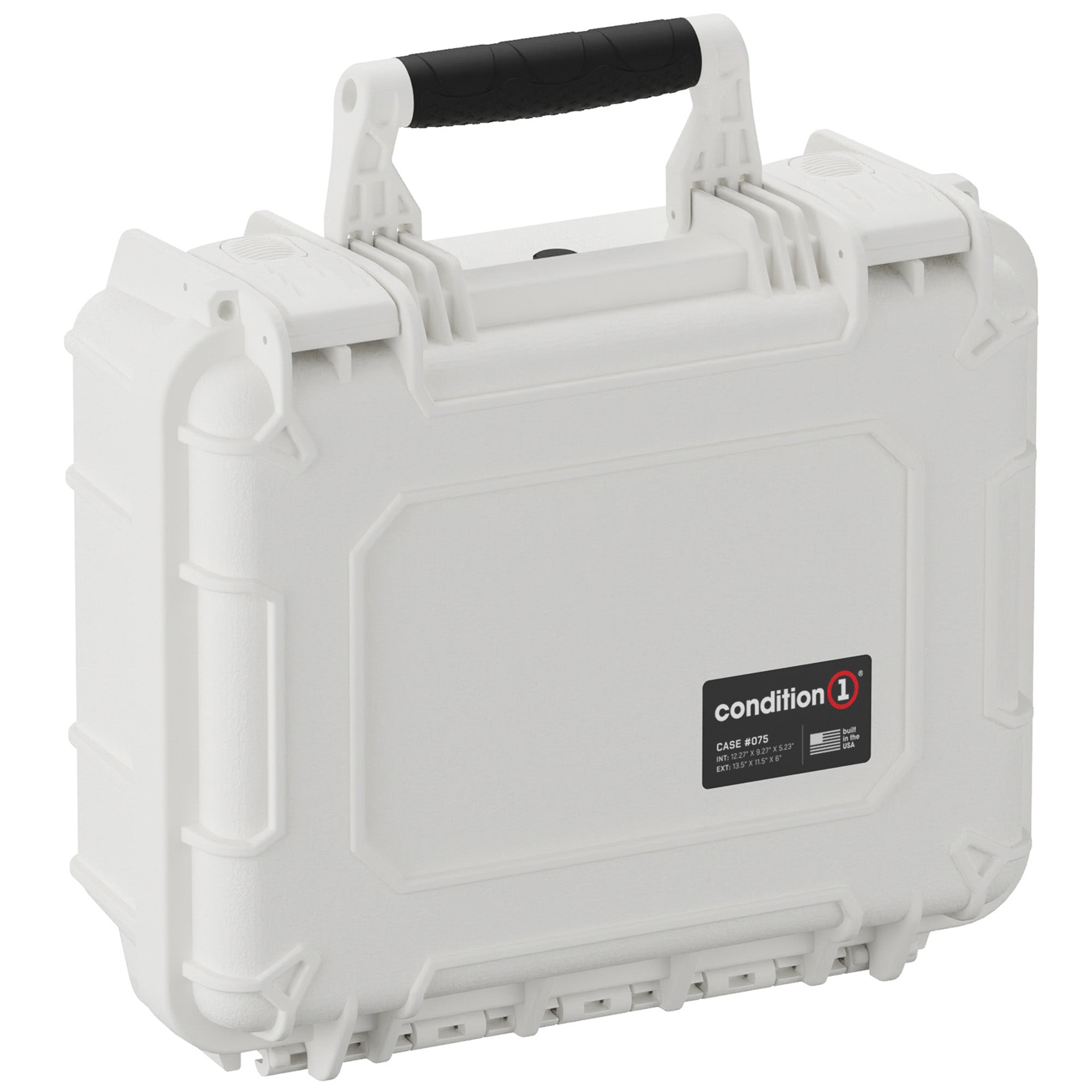 Alt text: "Condition 1 brand medium-sized protective hard case in white, model number 075, featuring durable exterior, sturdy black handle, and secure latch system, suitable for safeguarding equipment."