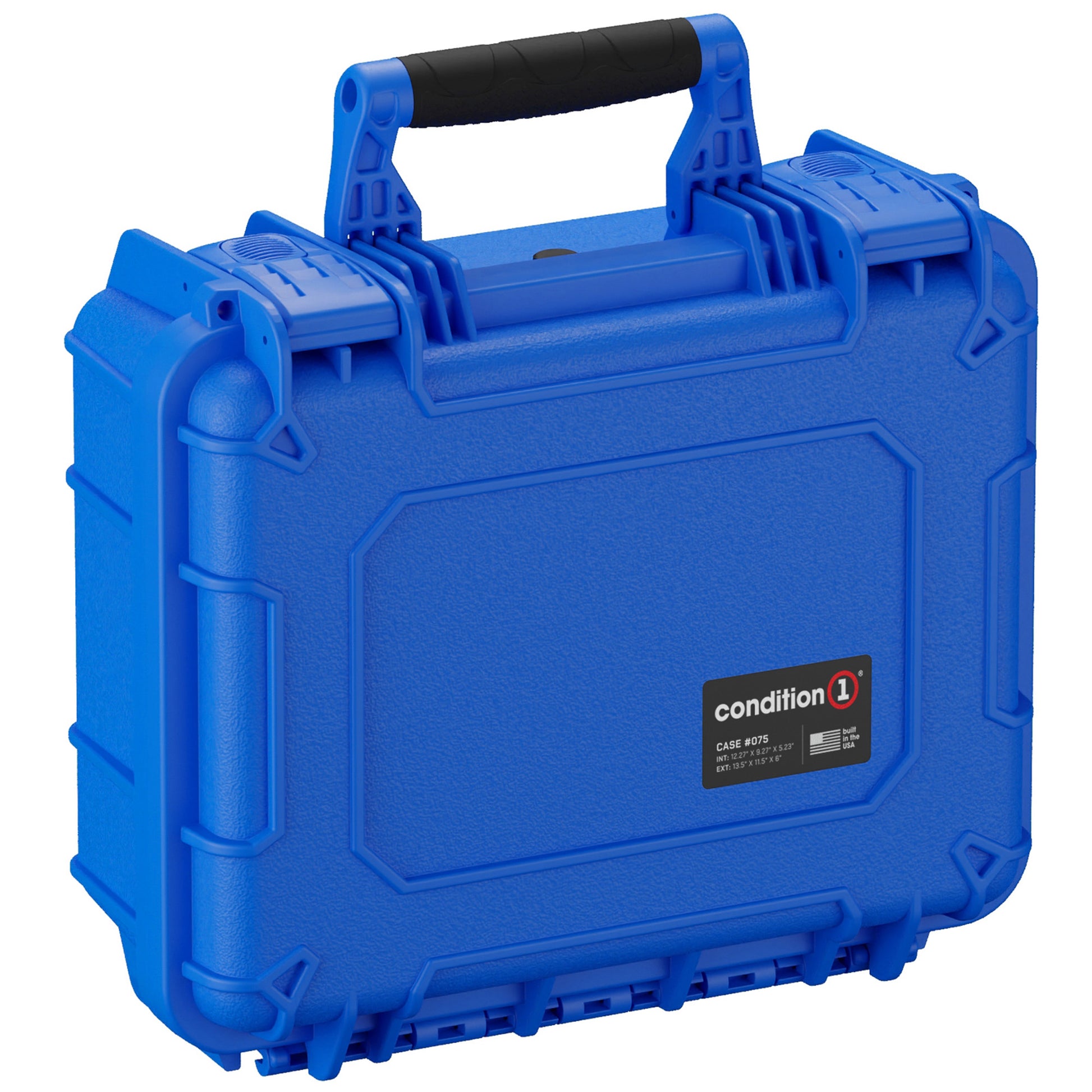 Bright blue, durable 14-inch medium protective case with reinforced corners, featuring a black handle and external branding, model #075 by Condition 1.