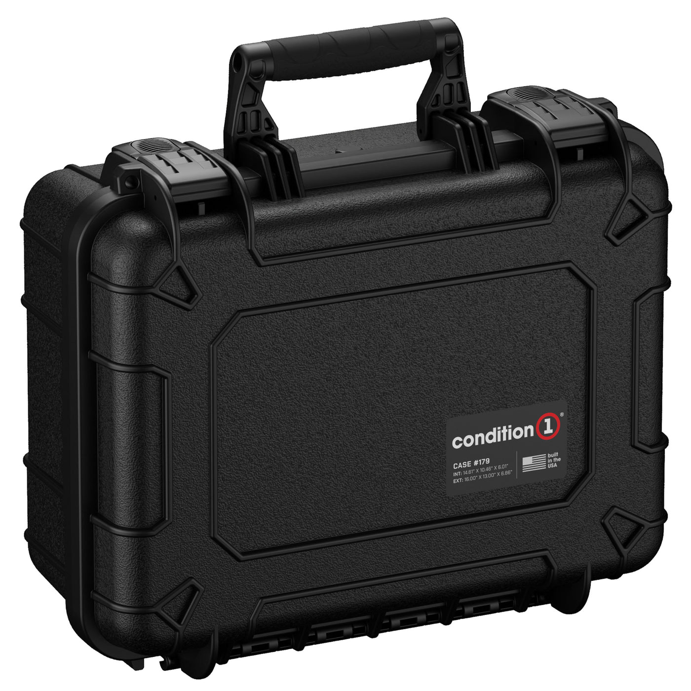 Alt text: "Black, rugged Condition 1 protective case, model number 179, size 16 inches, featuring sturdy handles and reinforced corners for enhanced durability and protection."