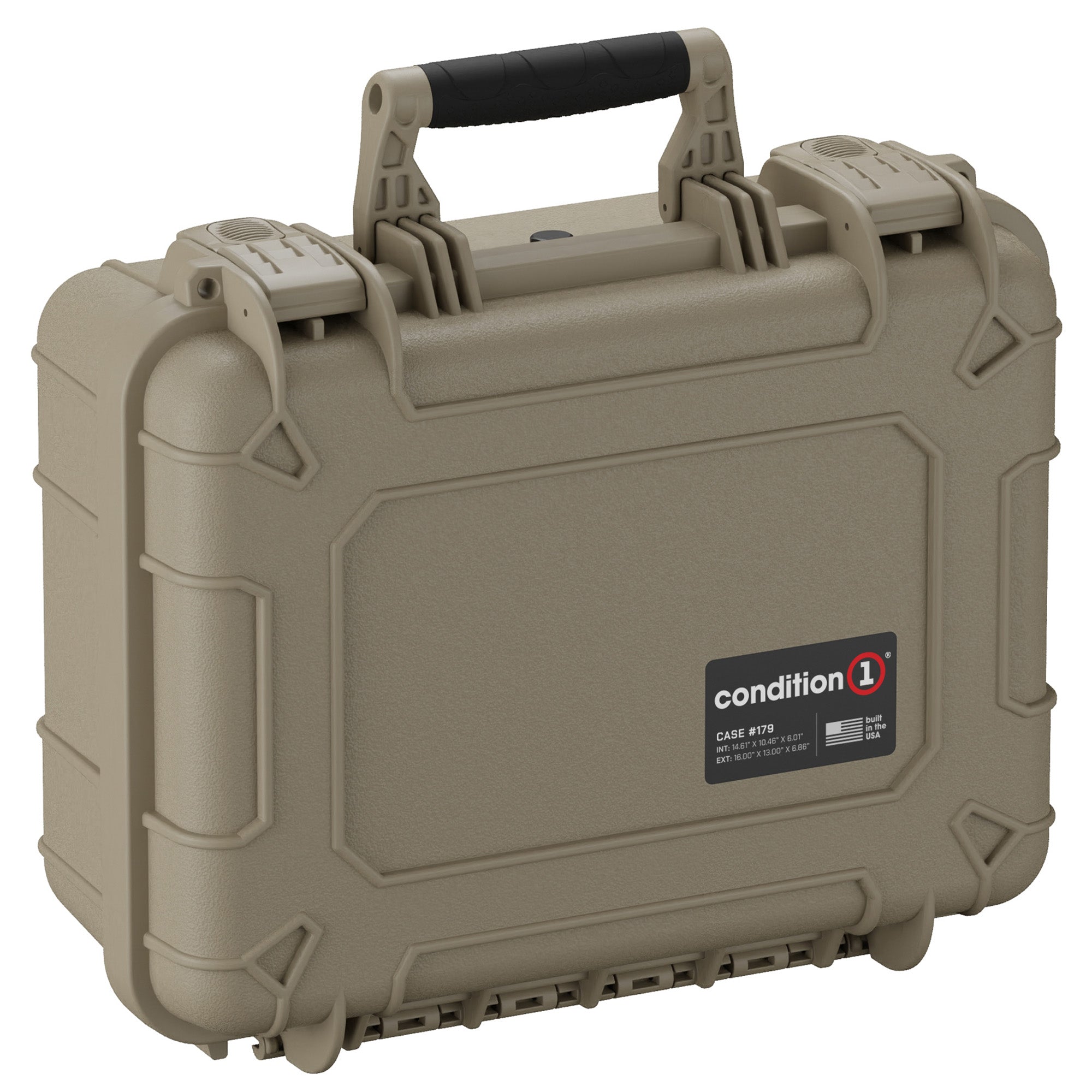 Alt text: Sturdy tan 16-inch Condition 1 pistol case, model #179, features a robust handle, secure latches, and reinforced corners for optimal protection and durability.