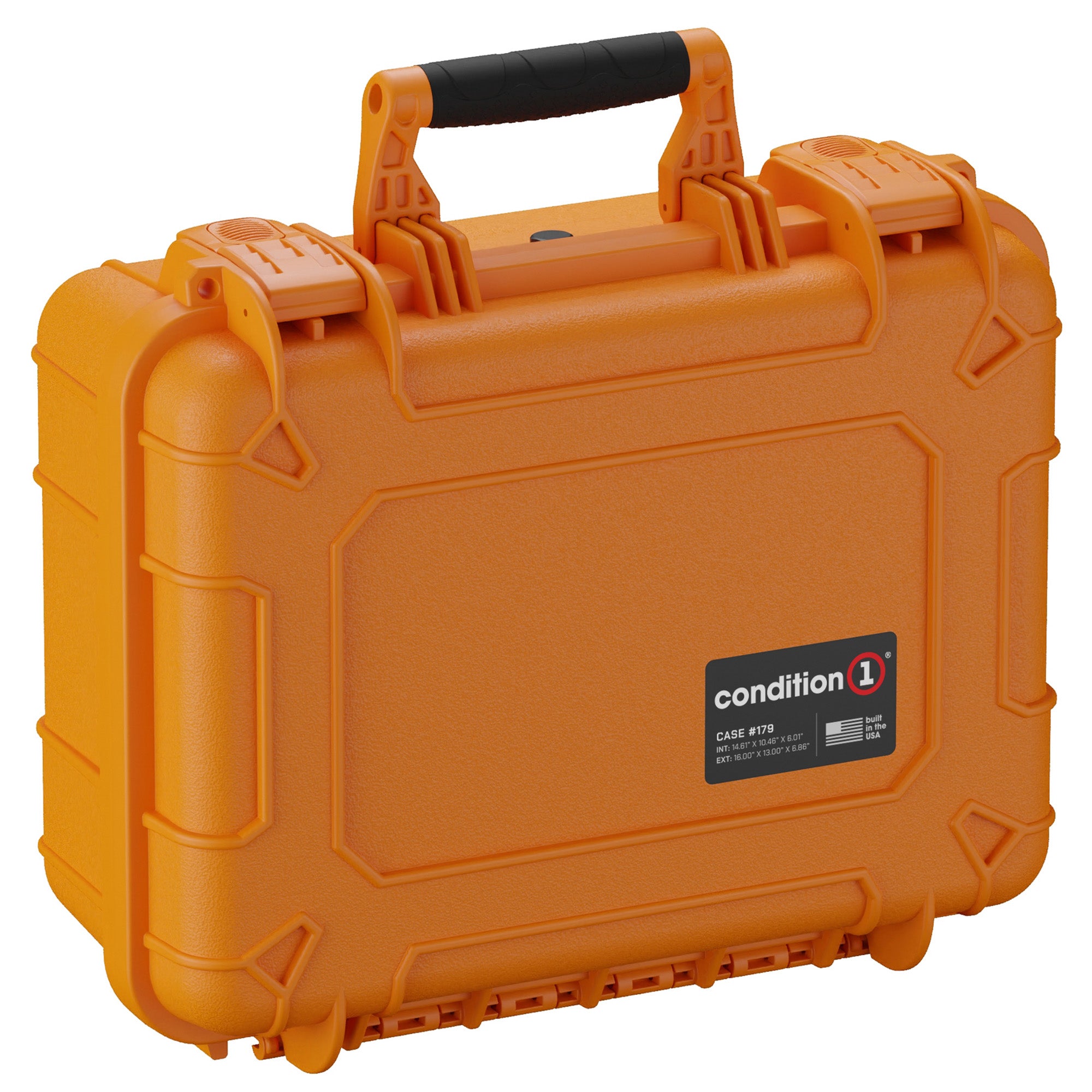 Alt text: "Orange Condition 1 medium-sized hard case, Model #179, measuring 16 inches, with durable handle and secure clasps, designed for protecting equipment."