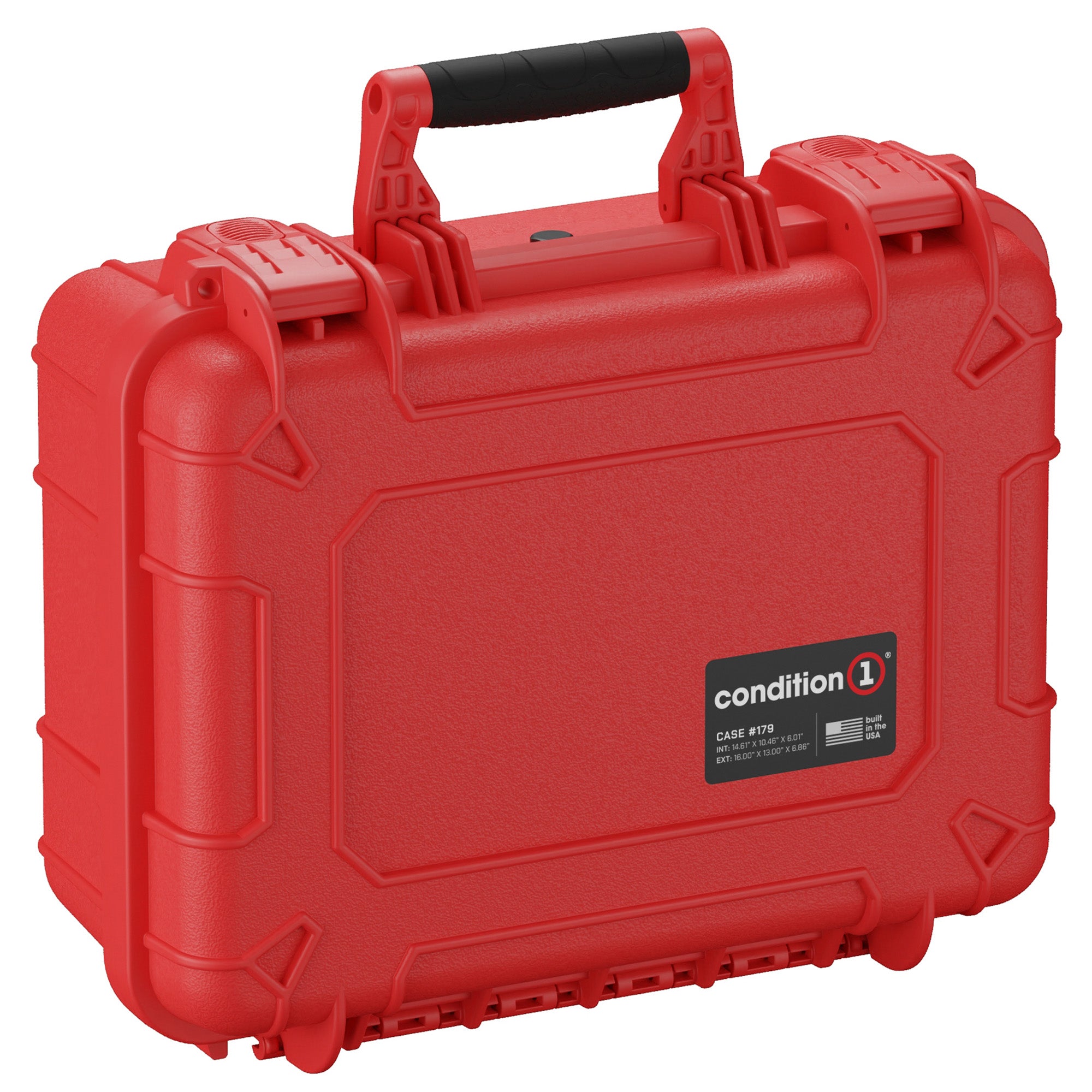 Alt text: "Red Condition 1 medium-sized hard case, model #179, featuring a rugged exterior, dual locking clasps, and a black handle, ideal for protecting valuable equipment."