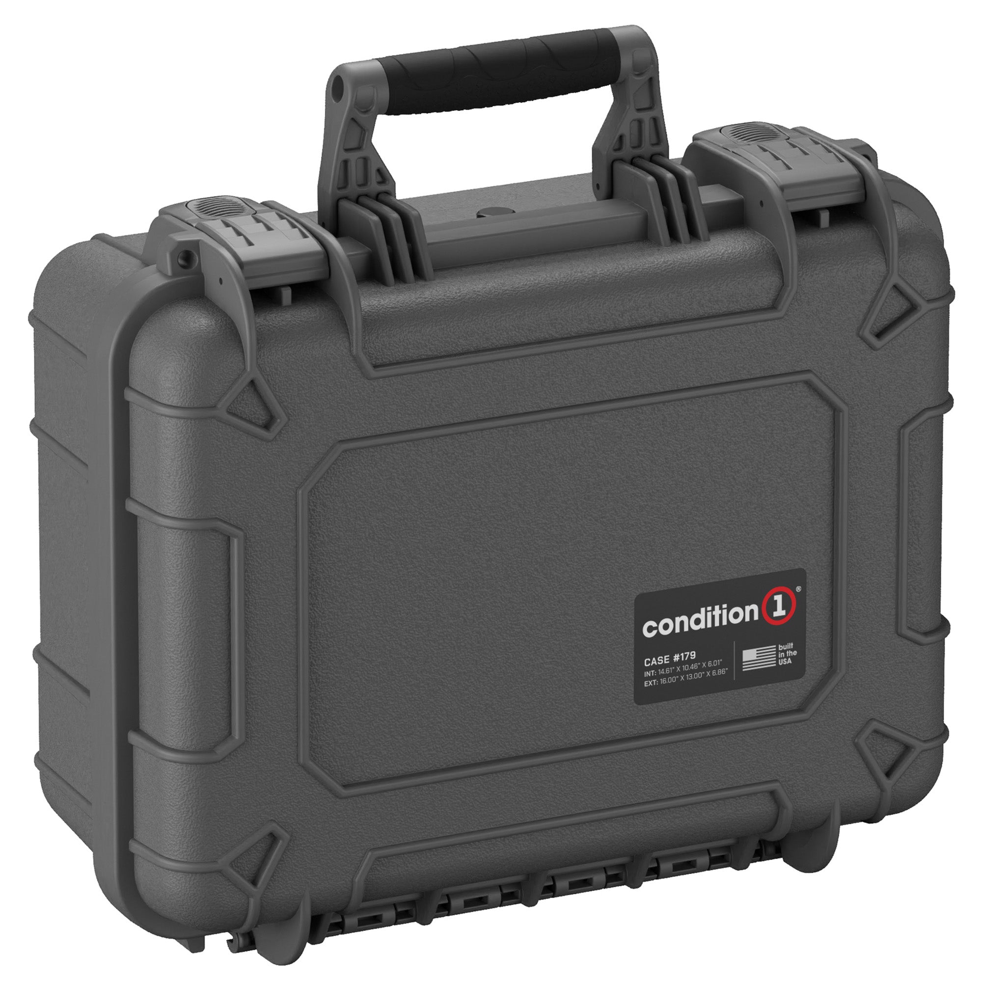 Alt text: "Durable medium-sized 16-inch Condition 1 case #179 in dark gray, featuring a sturdy handle, secure latches, and reinforced corners designed for protection and portability."