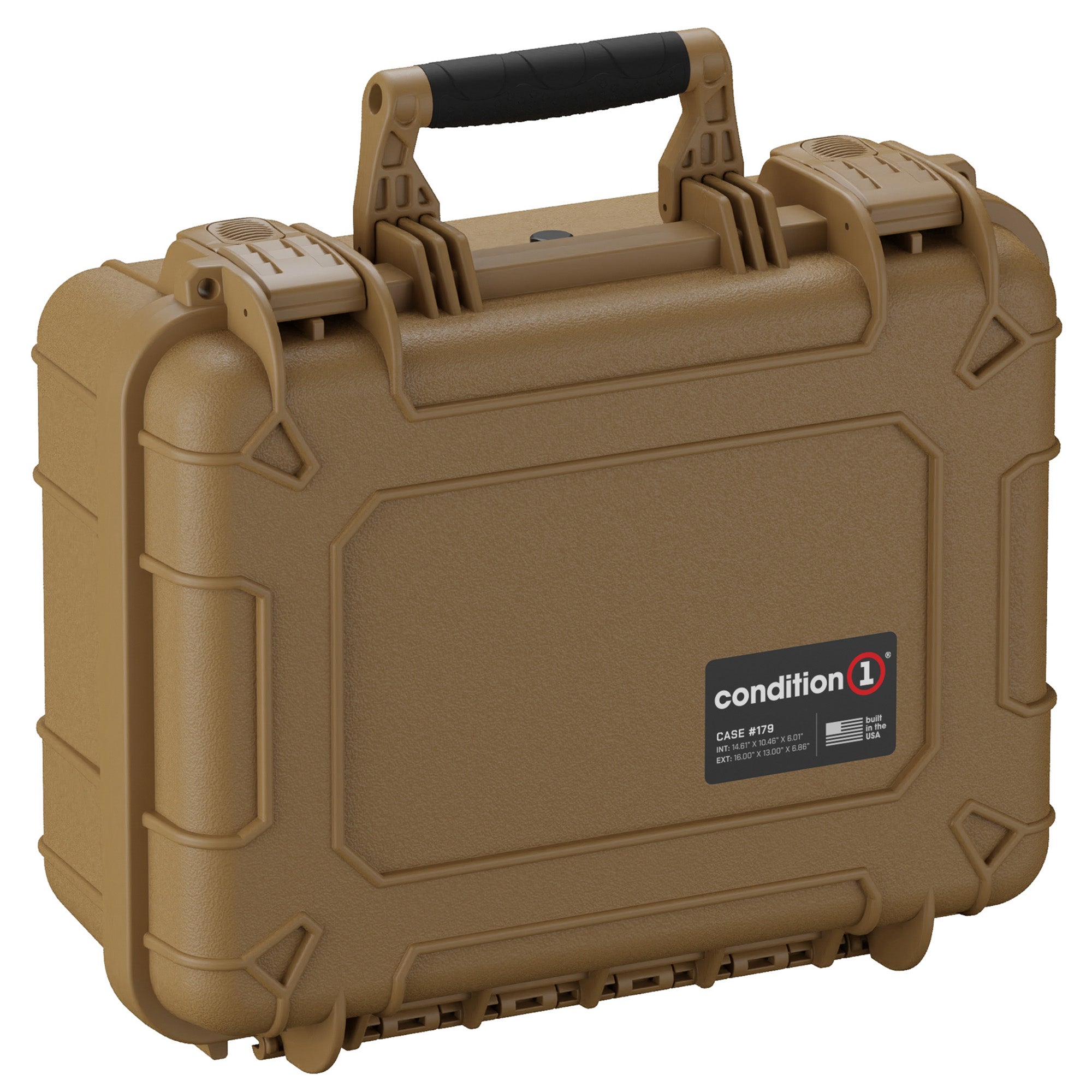 Alt text: "16-inch Condition 1 #179 tan pistol case with sturdy handle and secure latches, designed to hold three pistols, depicted against a plain background."