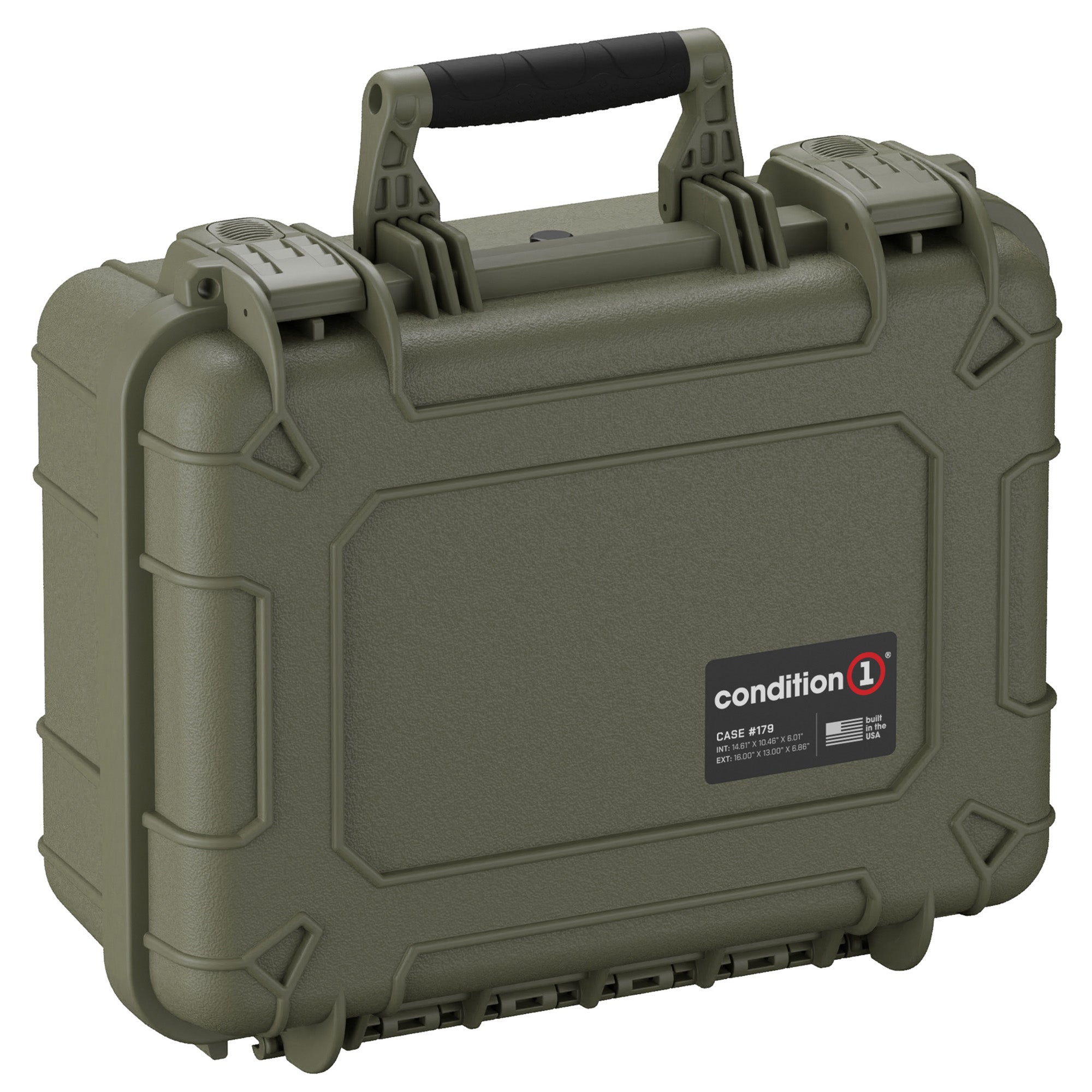 Alt text: "Olive green, rugged 16-inch Condition 1 medium protective case #179 with a robust handle and secure latches, designed for durability and secure storage."