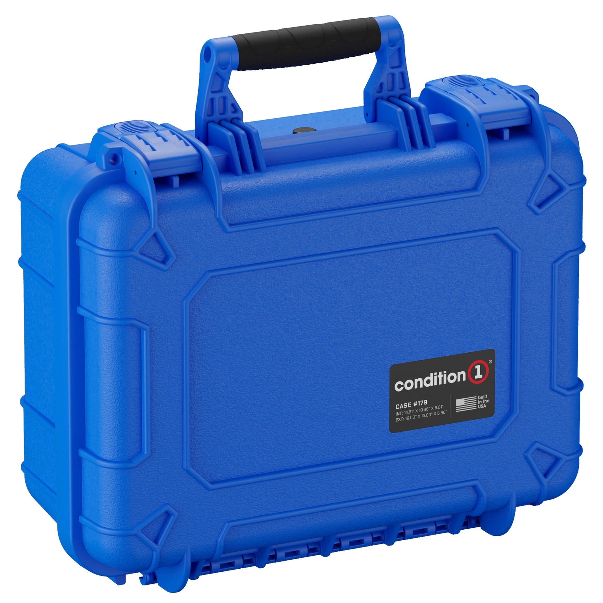 Alt text: "Blue Condition 1 protective hard case, model 179, designed for holding two pistols. Features include a rugged exterior, secure clasps, and a durable handle for easy carrying."