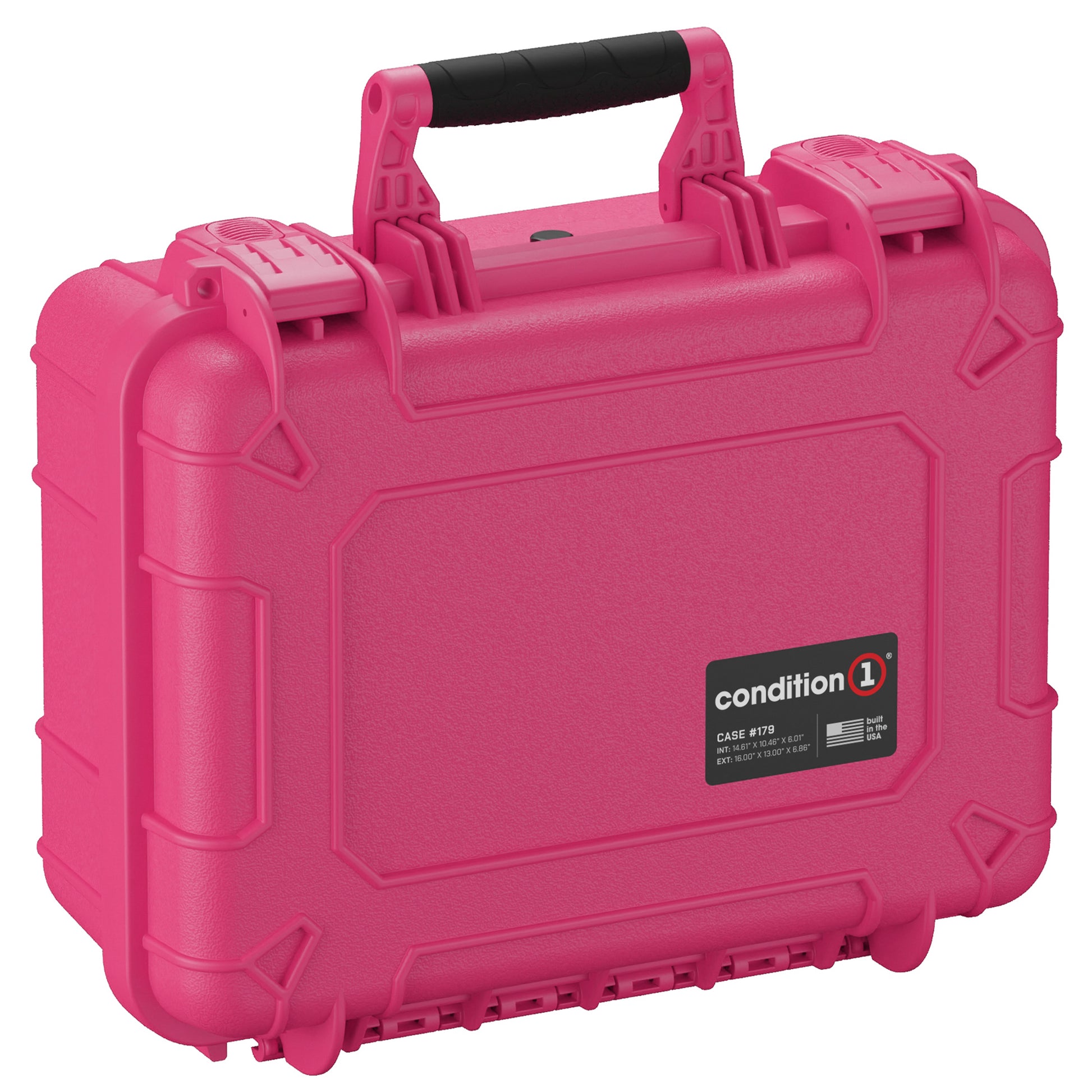 Alt Text: "Bright pink, 16-inch medium protective hard case, model #179 by Condition 1, featuring sturdy handles and durable locking mechanisms, ideal for secure storage and transport."