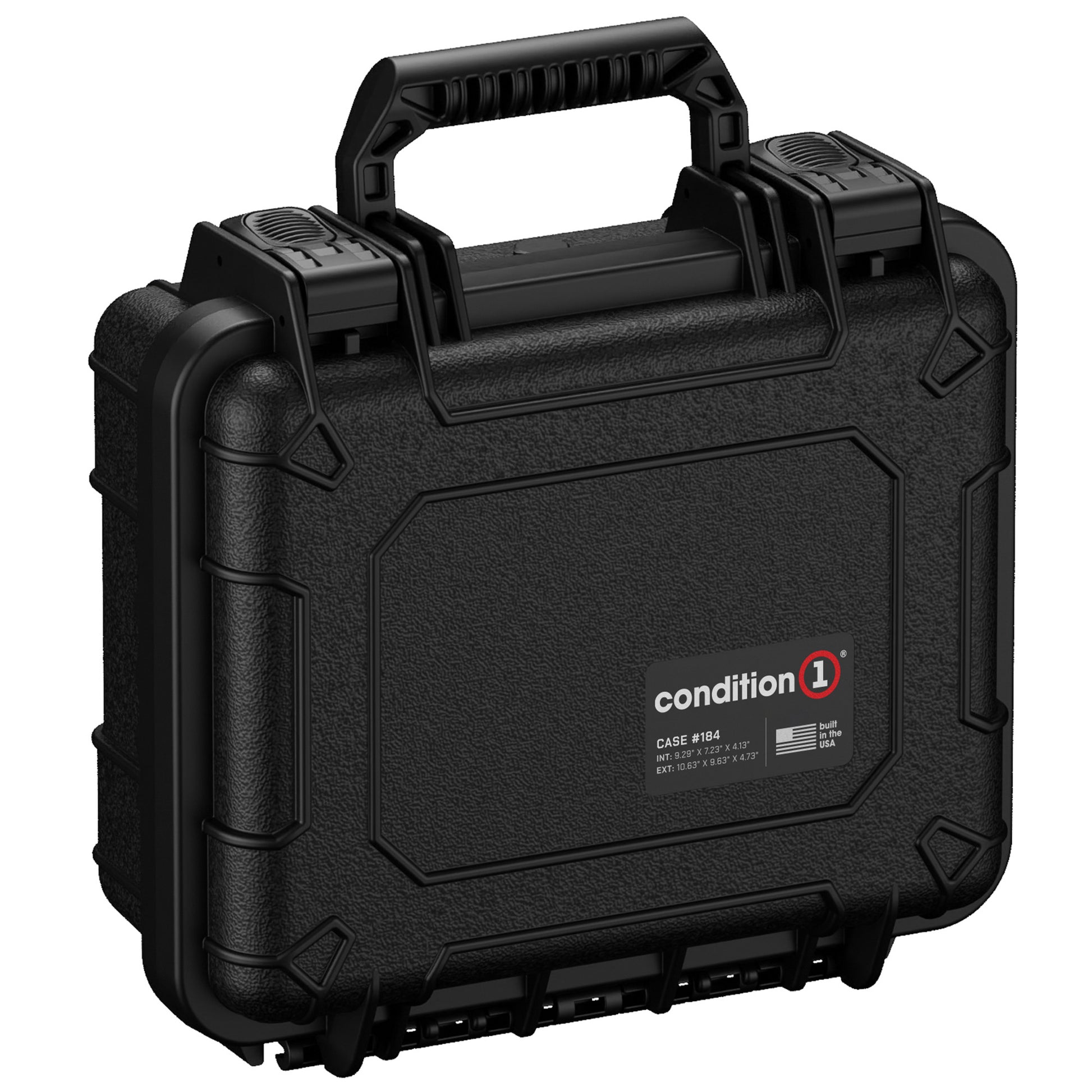 Alt text: "Black Condition 1 hard shell 11-inch single pistol case #184 with a durable handle and secure lock clasps, also featuring brand label and USA made assurances."