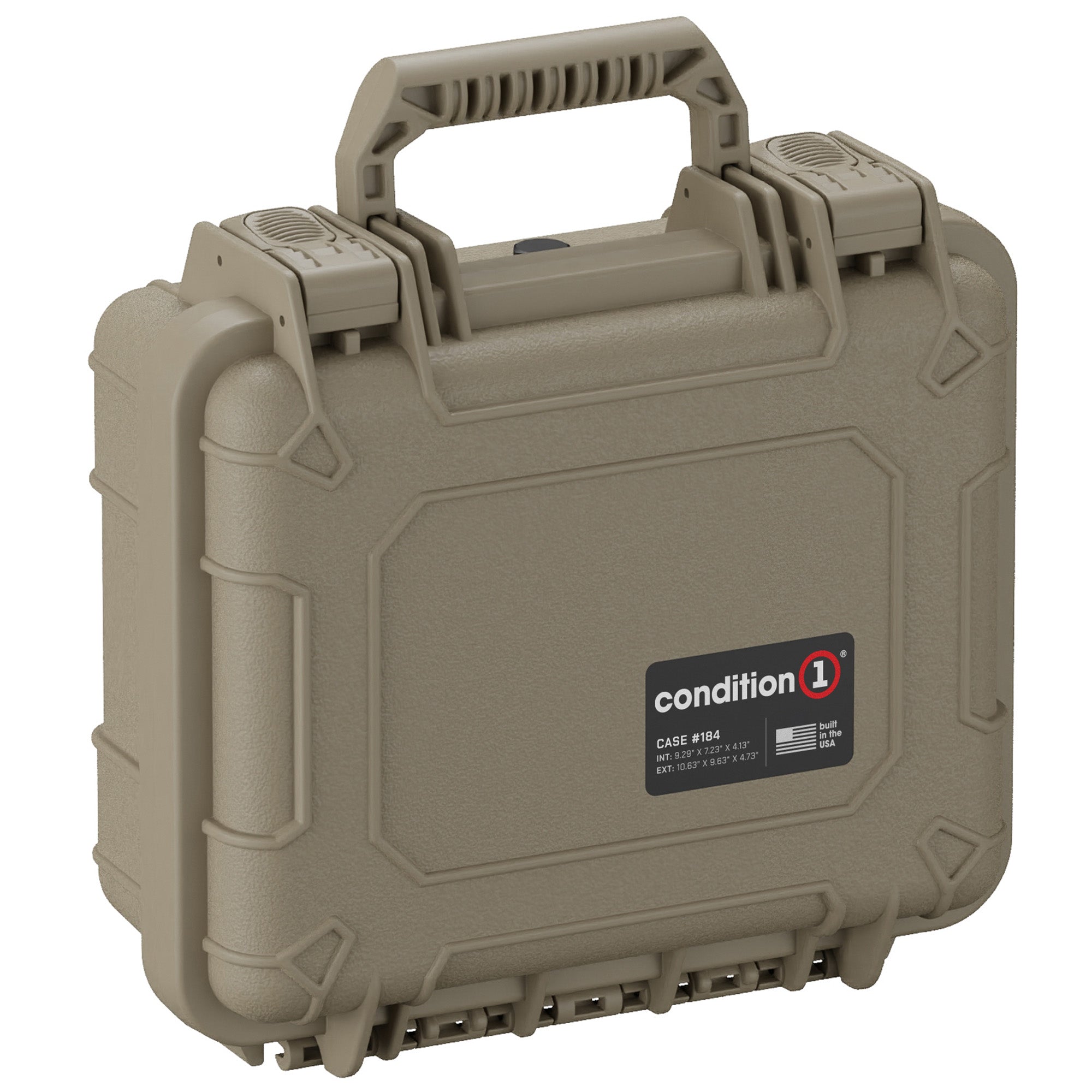 Alt text: "Tan Condition 1 hard single pistol case, model #184, with sturdy handle and secure latches, displaying a label with product specifications."