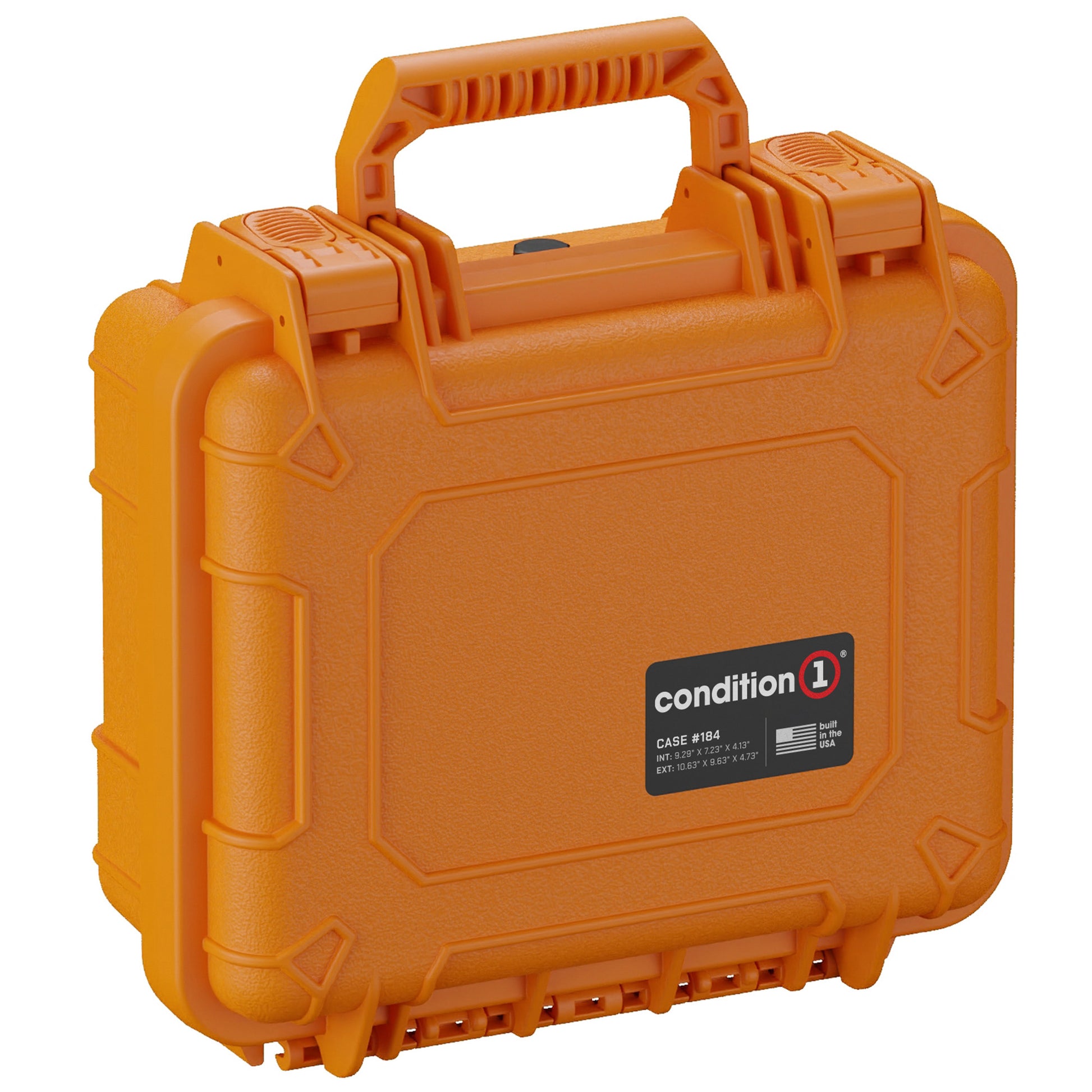 Alt text: Bright orange, hard-shell Condition 1 single pistol case #184 with sturdy handle and secure latches, designed for durability and protection, with dimensions and USA build information on the label.