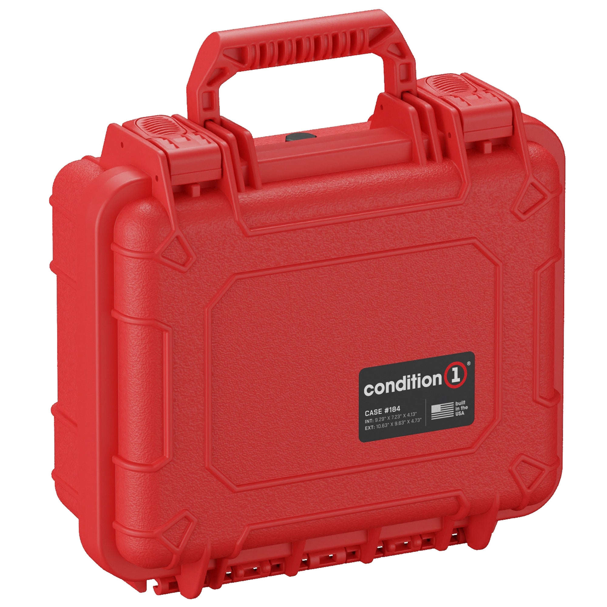 Bright red durable protective case with a sturdy handle, labeled "Condition 1, CASE #184", measuring 11 inches, designed for secure equipment storage.