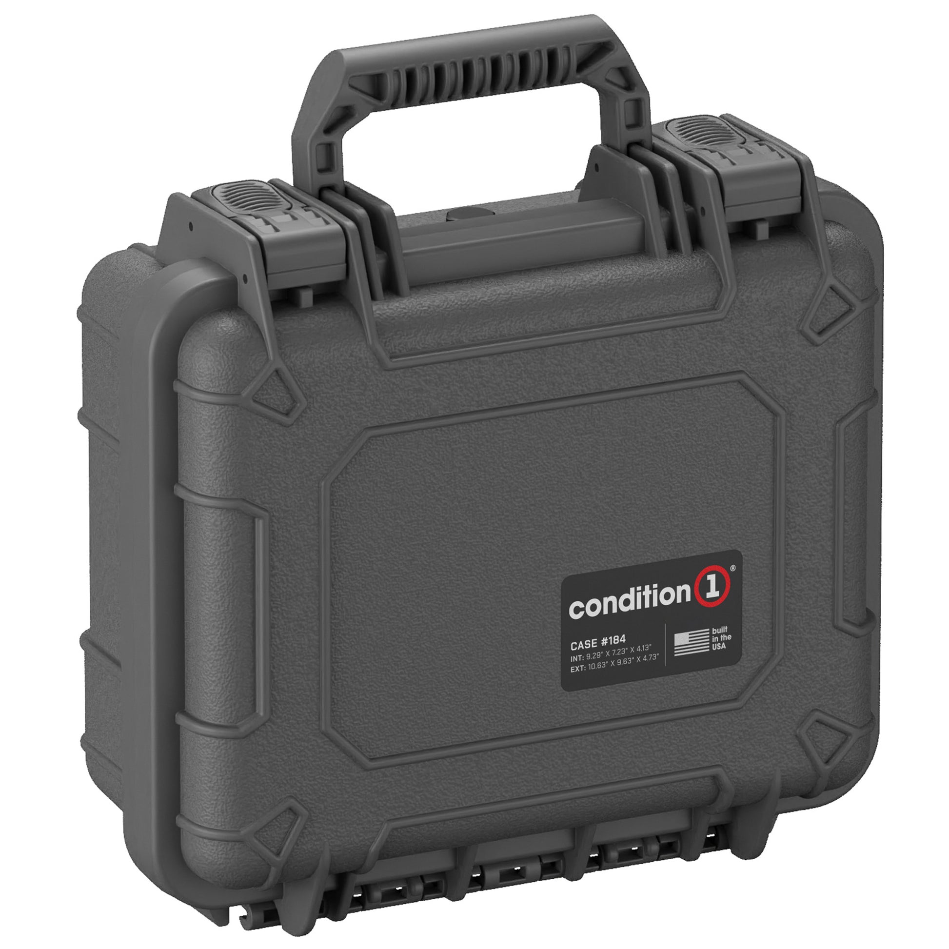 "Gray Condition 1 hard protective case, model #184, with durable handle and secure latch system, designed for robust equipment protection."