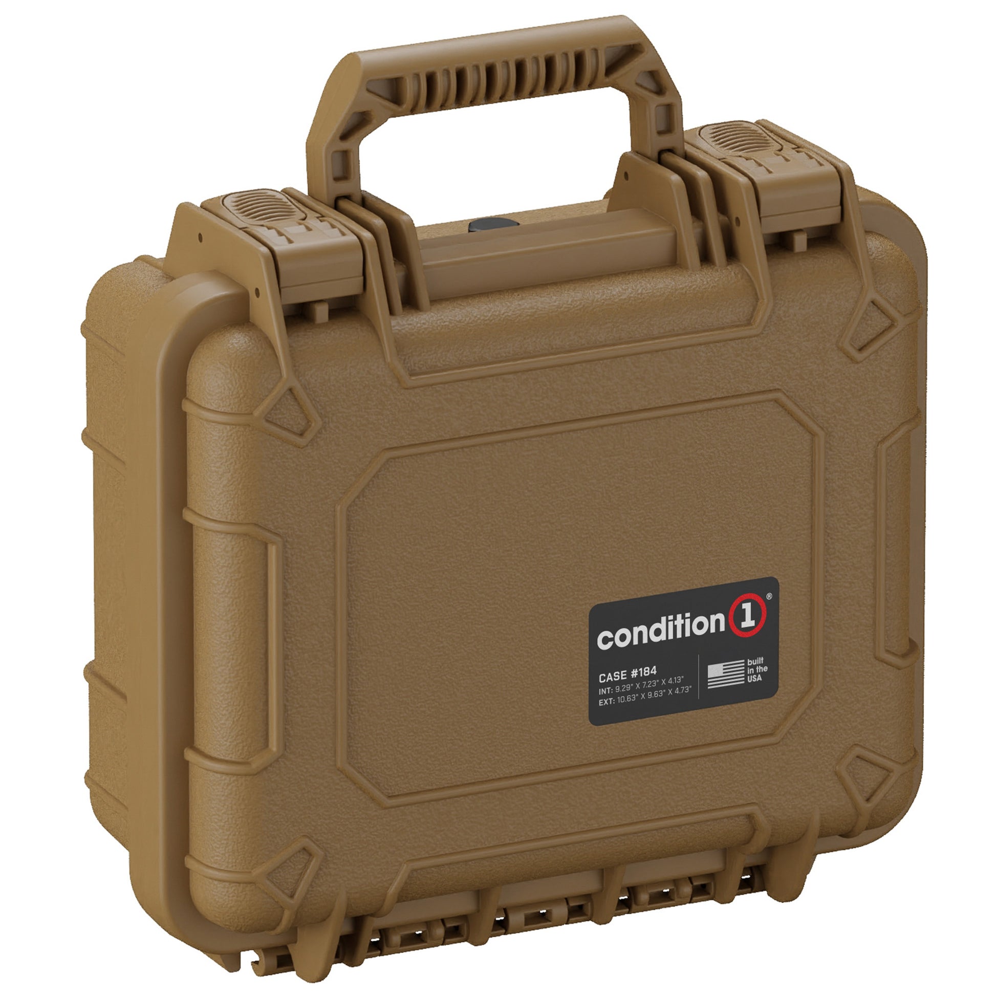 Alt text: "Condition 1 tan 11-inch single pistol case #184 with durable handles and secure latches, featuring a rugged, textured exterior and a logo indicating made in the USA."