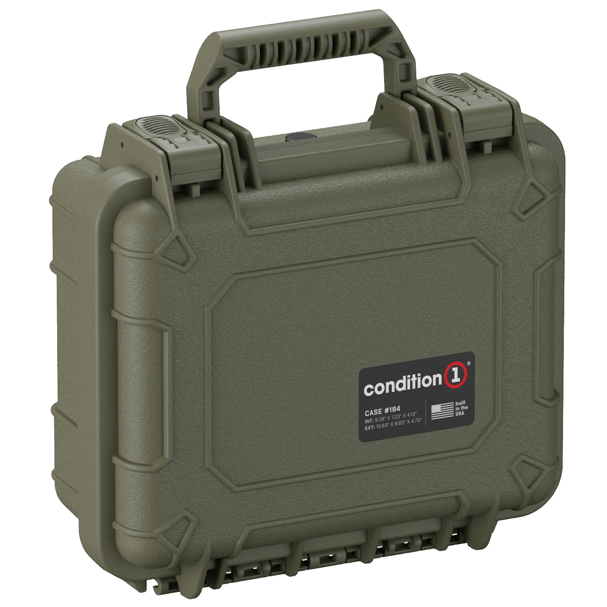 Alt text: "Olive green Condition 1 11-inch single pistol case model #184 with sturdy handles and reinforced corners for enhanced durability, featuring secure clasp closures and a label specifying model details."