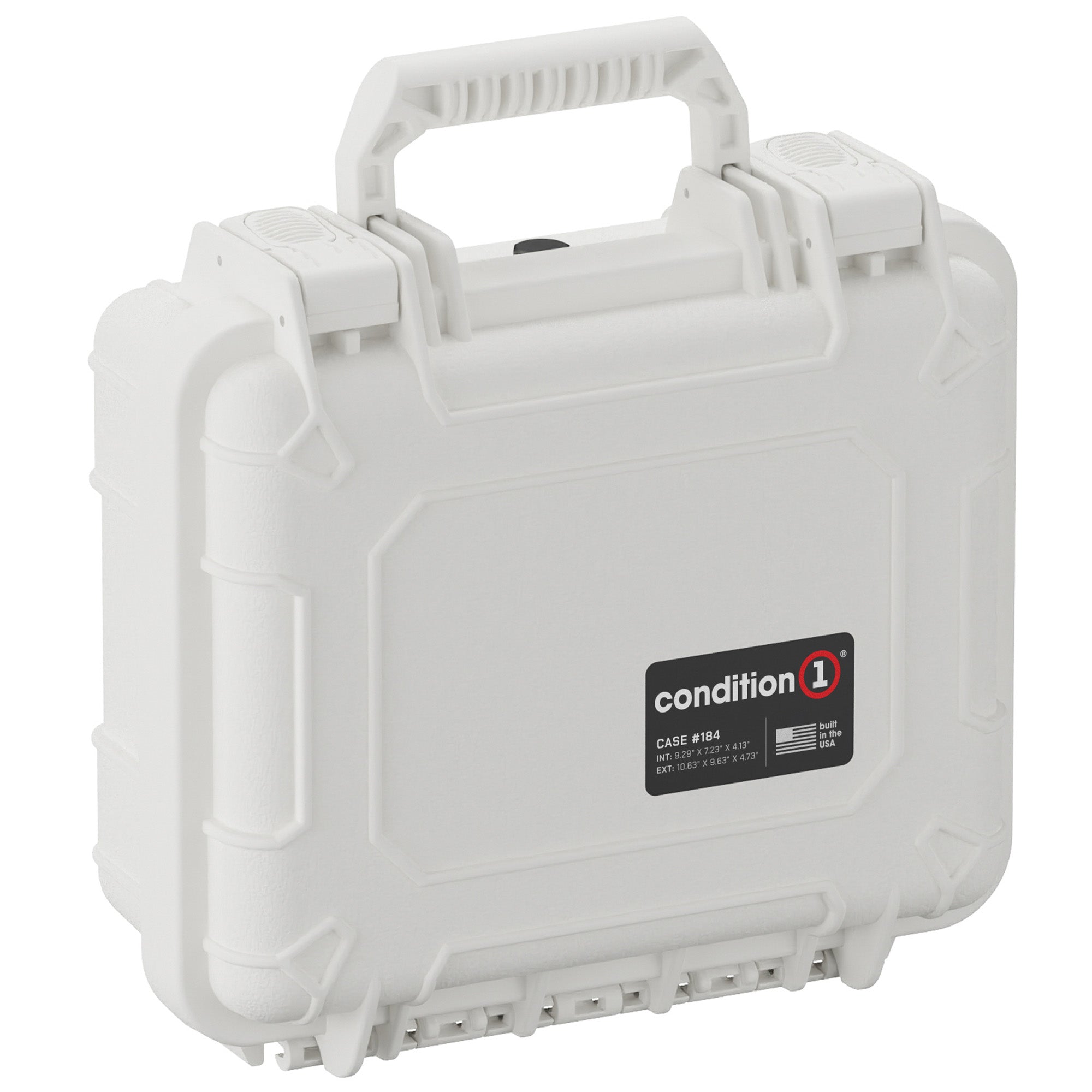 Alt text: "Condition 1 brand 11-inch white single pistol case, model #184, with secure clasps and rugged handle, designed for durability and safety, made in the USA."