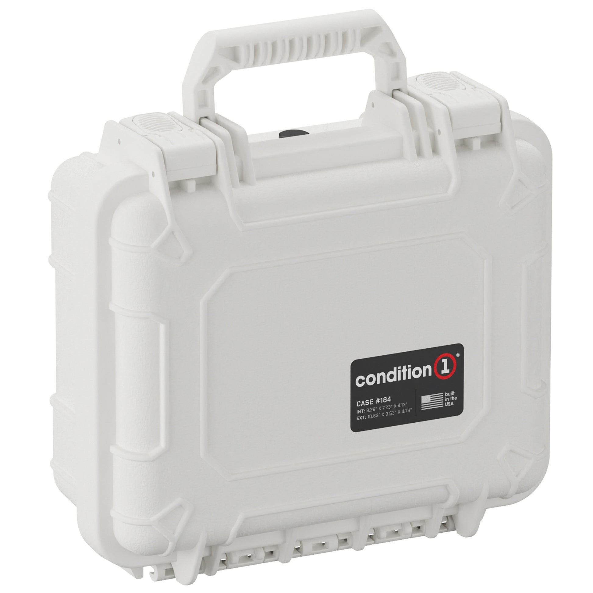 Alt text: "Condition 1 Small Hard Case #184 in white, featuring rugged exterior, sturdy handle, and secure latches, suitable for protective storage and transportation of sensitive items."