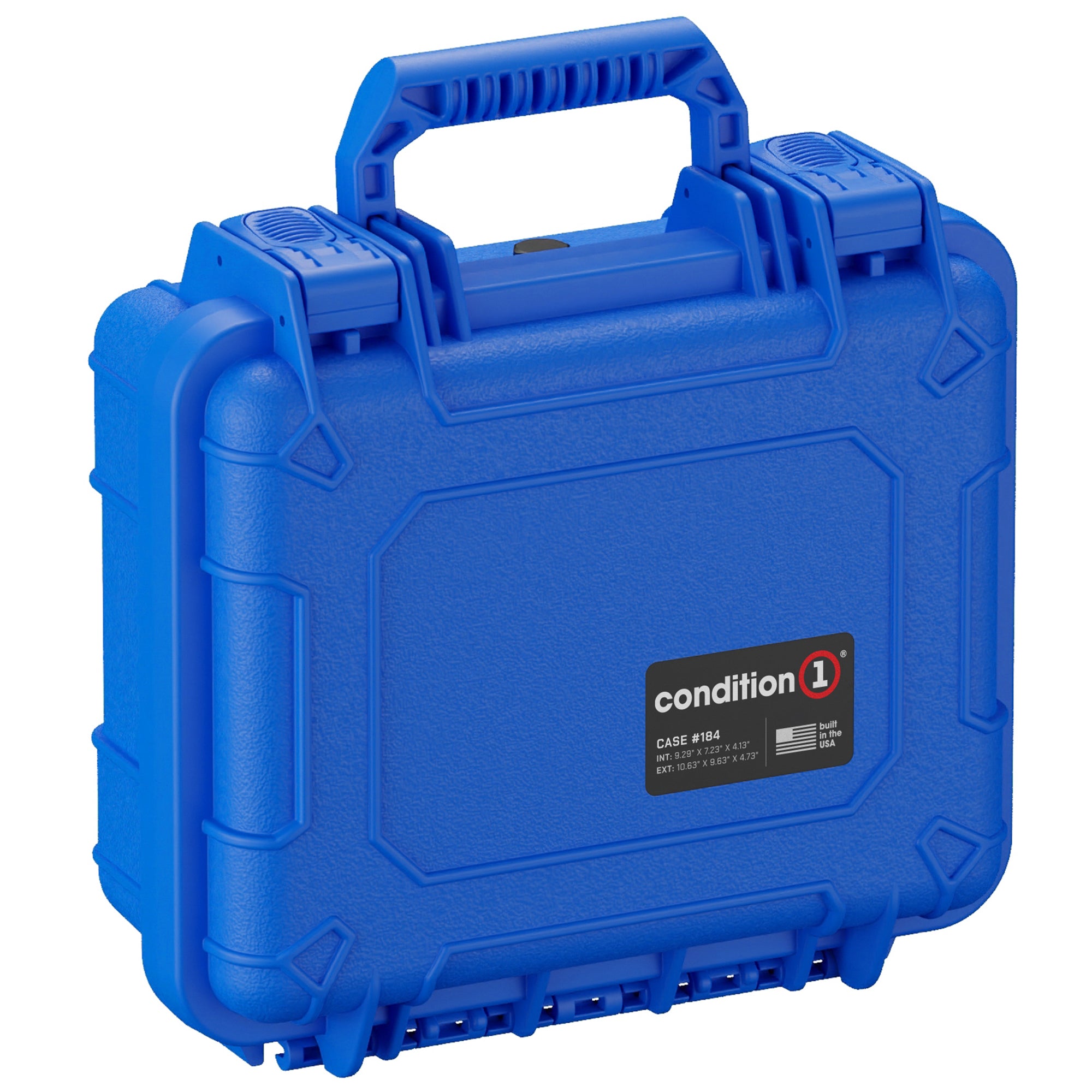 Alt text: "Blue Condition 1 small protective hard case, model #184, with durable handle and secure latches, designated for equipment safety, displayed against a white background."