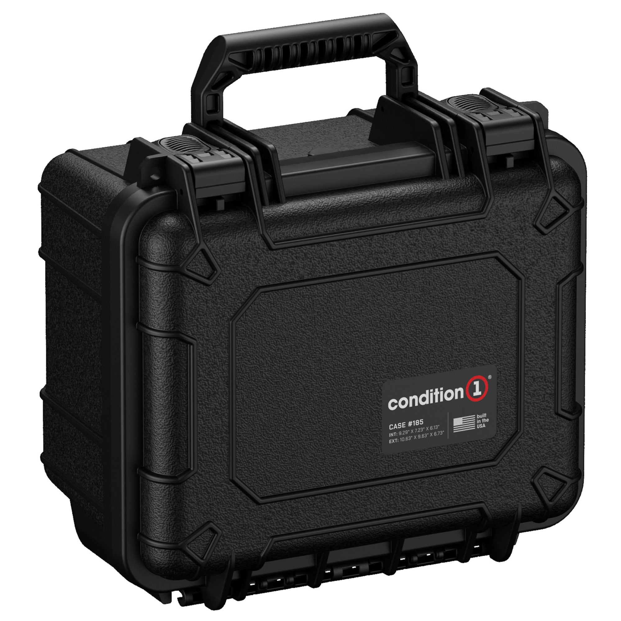 Alt text: "Condition 1 hard shell black protective case, model #185, measuring 11 inches, featuring rugged exterior, sturdy handle, and secure latches."