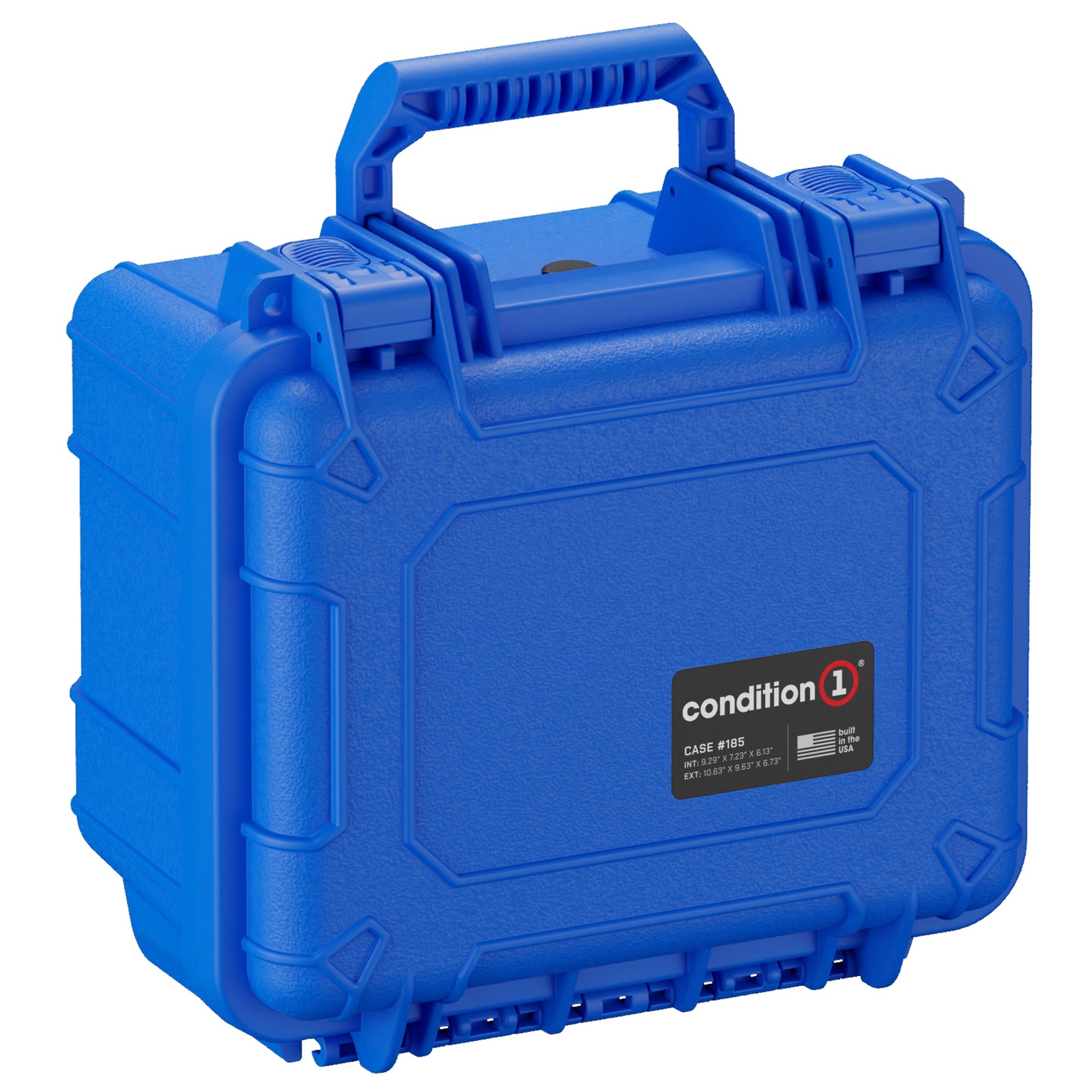 Alt text: Bright blue, durable hard case with a sturdy handle and secure latches, labeled as "Condition 1, CASE #185," ideal for protecting valuable equipment.