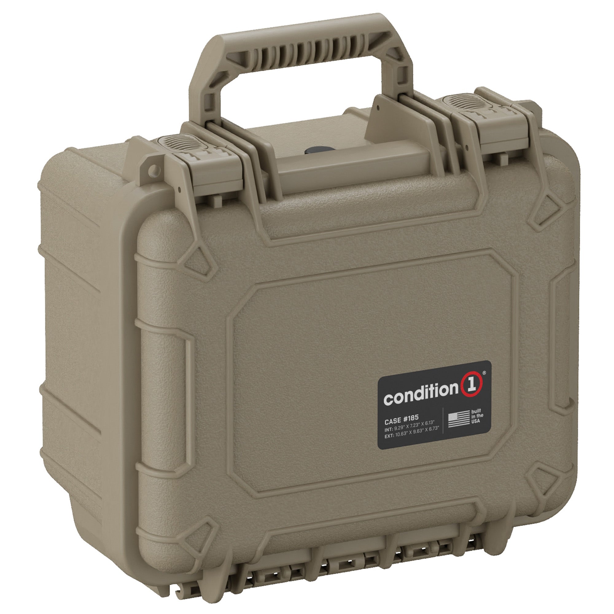 Tan hardshell protective case with sturdy handle and secure latches, labeled as "Condition 1, Case #185". Suitable for securing and transporting sensitive equipment.