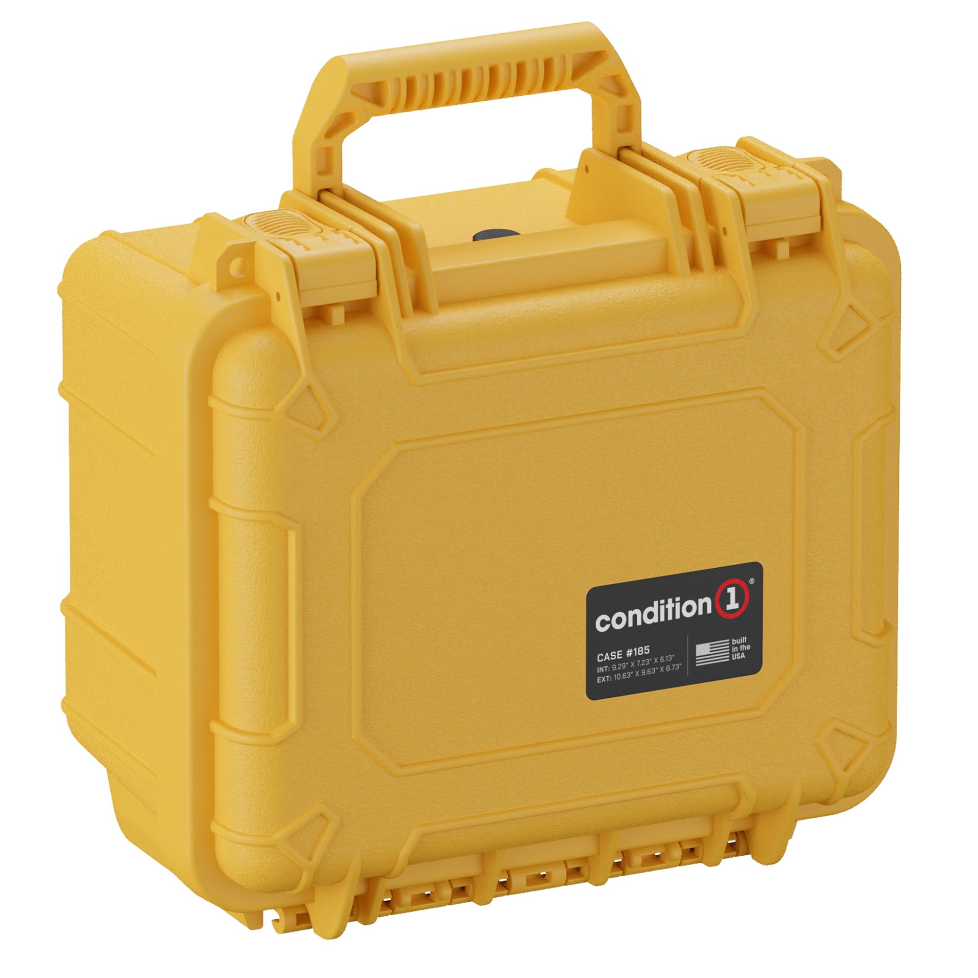 Yellow 11-inch small protective case with handle and secure latches, labeled "condition 1," designed for storage and transport.