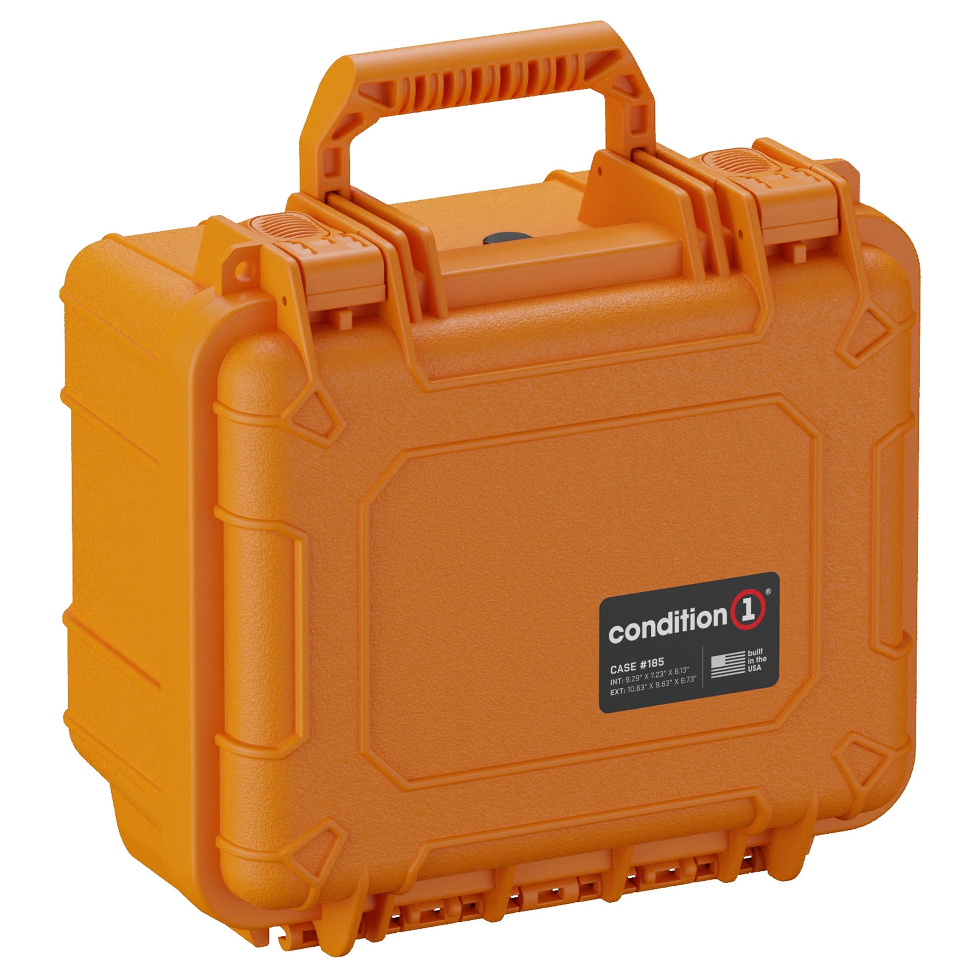 Alt text: Bright orange, durable hard case (Condition 1, Case #185) with a sturdy handle and secure latches, designed for protective storage and transport of sensitive items. Measures 11 inches.