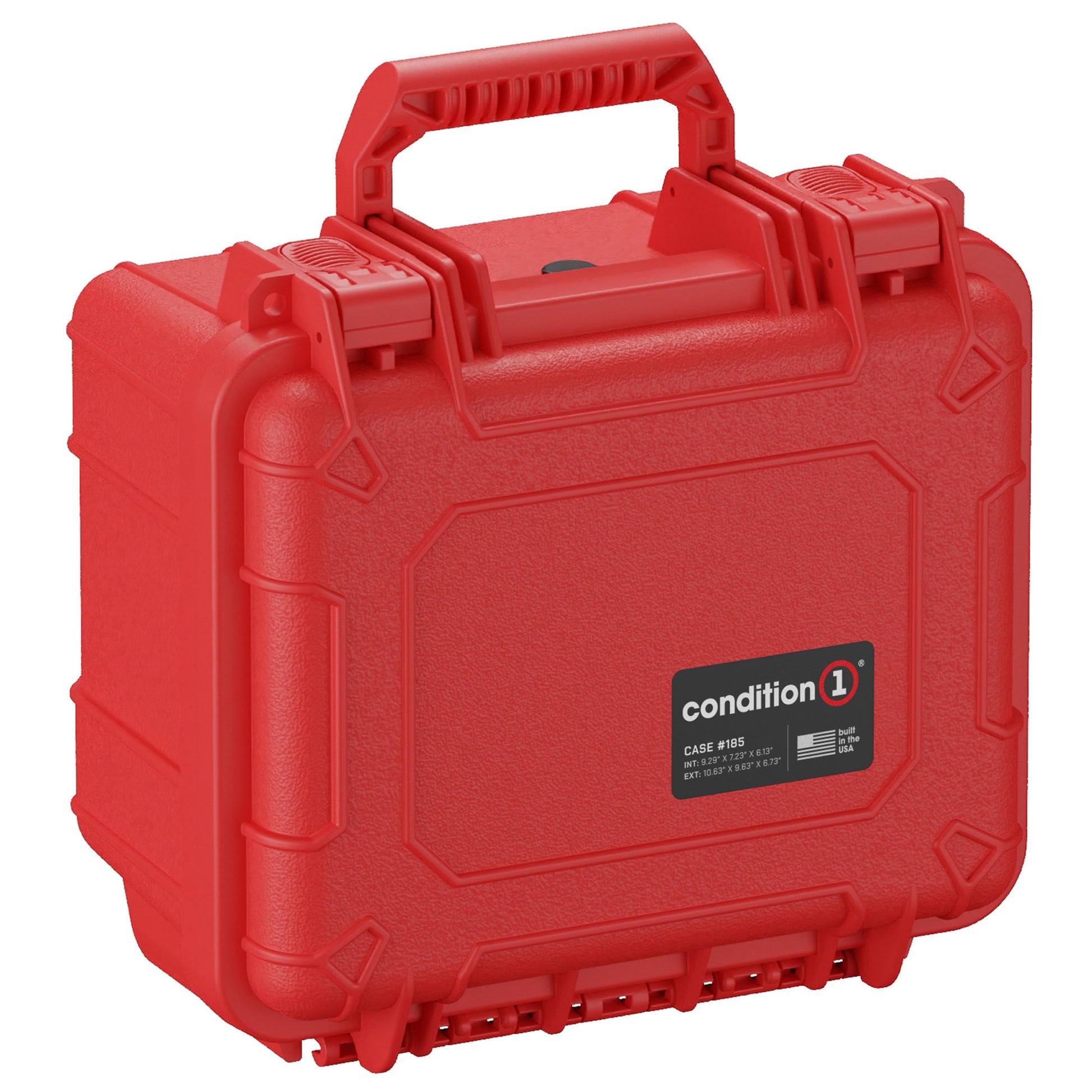 Alt text: "Condition 1 small red protective hard case, model #185, measuring 11 inches, featuring a robust handle and secure latch closures for safety and portability."