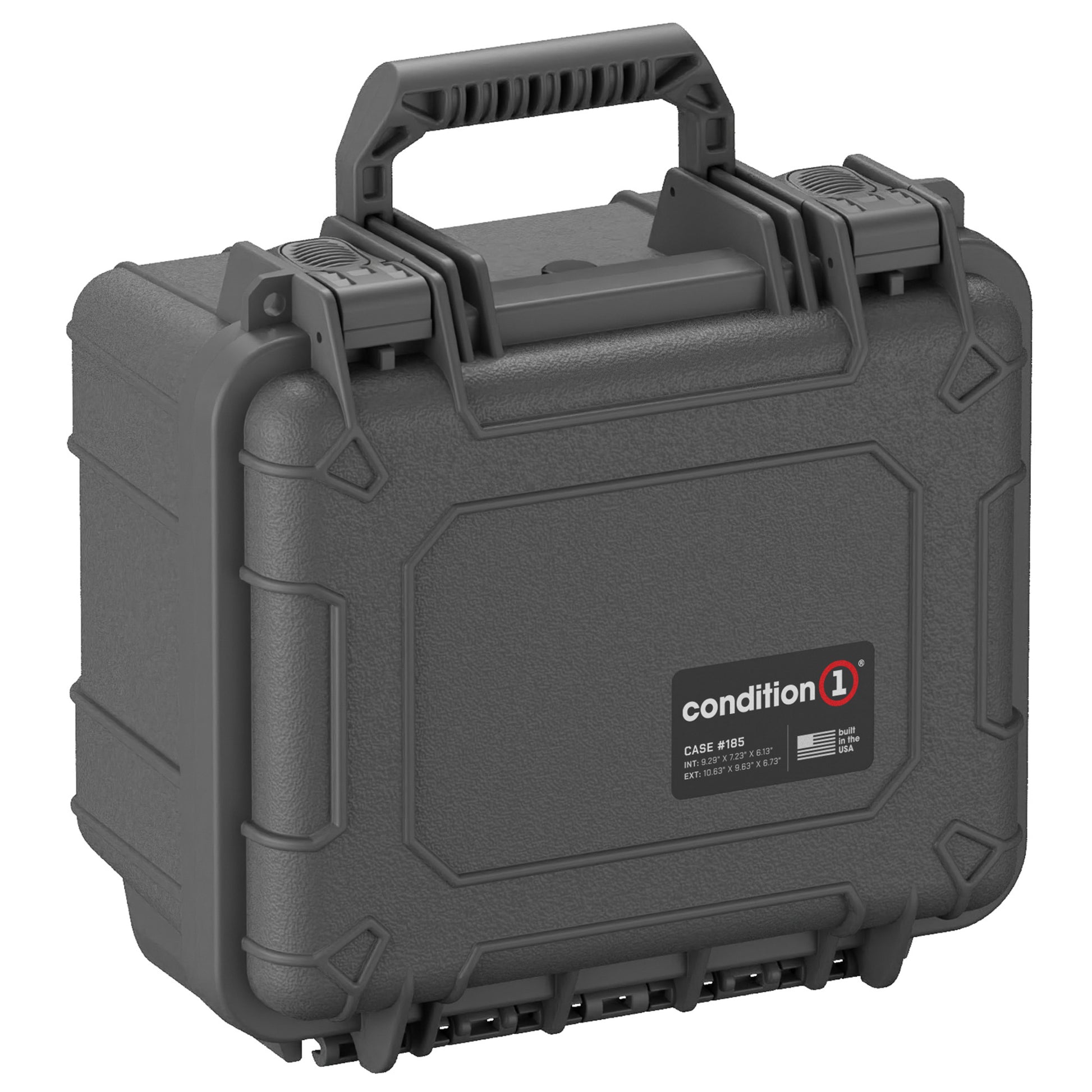 Alt text: "Condition 1 small hard-shell case, model #185, in dark grey, featuring a sturdy handle and secure latches, measuring 11 inches, designed for protecting valuables and delicate equipment."