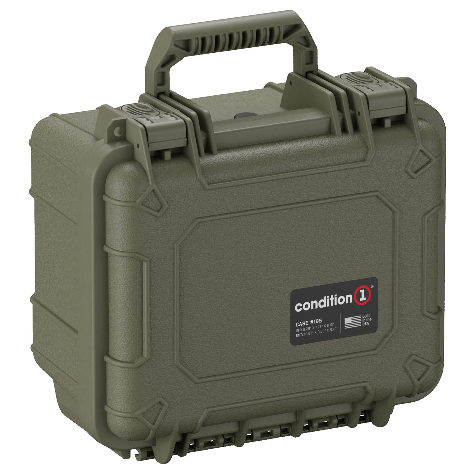 Olive green, 11-inch small hard case by Condition 1, model #185, featuring sturdy handles and secure clip closures, labeled with product details and dimensions.