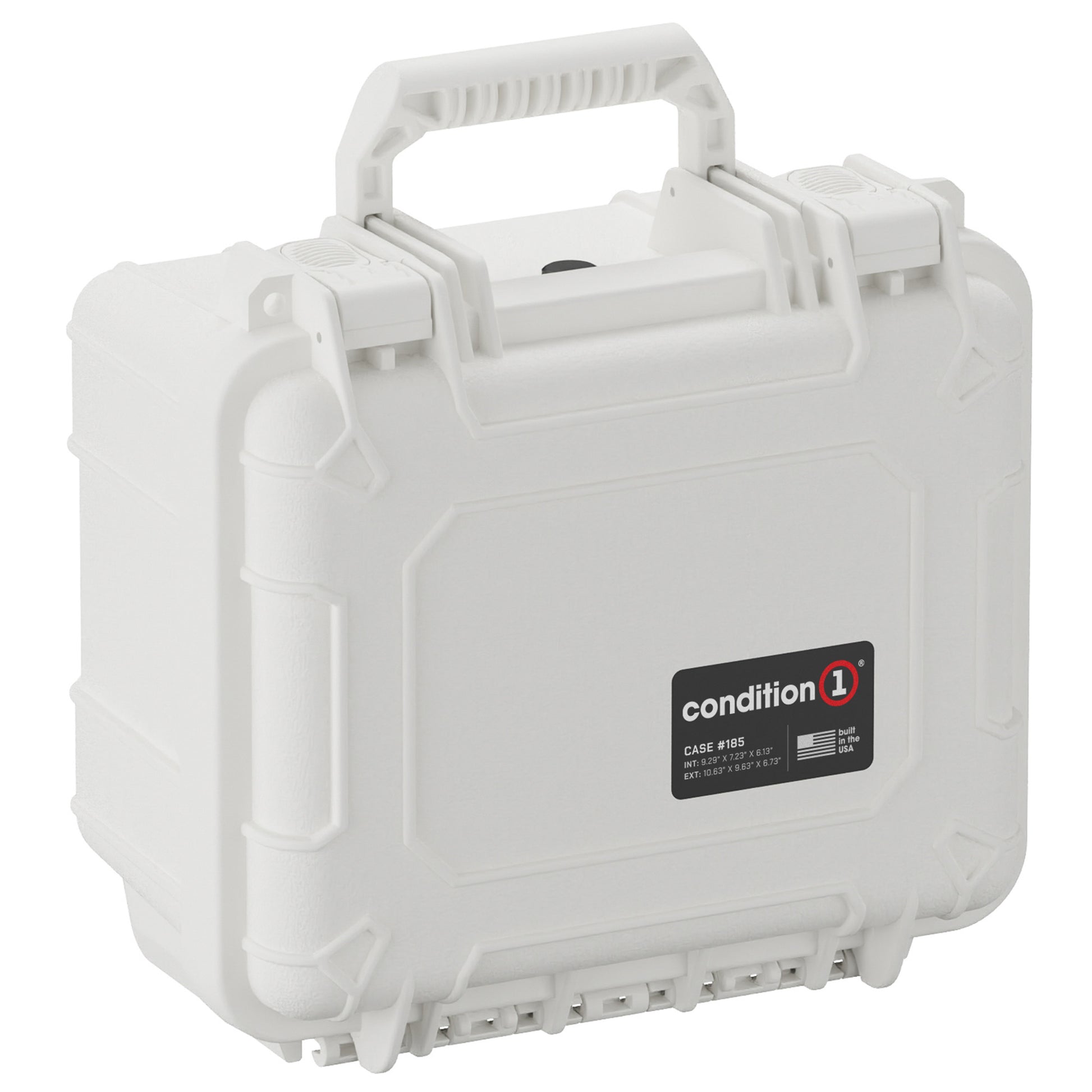Alt text: "Condition 1 small white protective case, model #185, measuring 11 inches, featuring a sturdy handle, robust latches, and reinforced corners for durability."