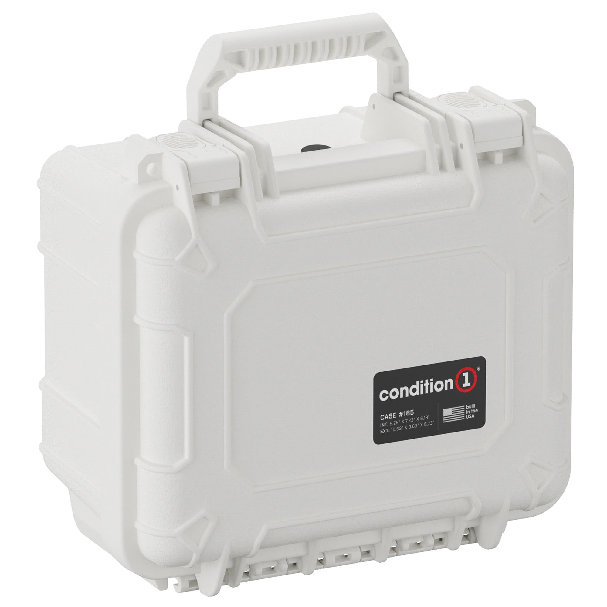 Alt text: "Condition 1 small white protective case, model #185, measuring 11 inches, featuring a sturdy handle, robust latches, and reinforced corners for durability."