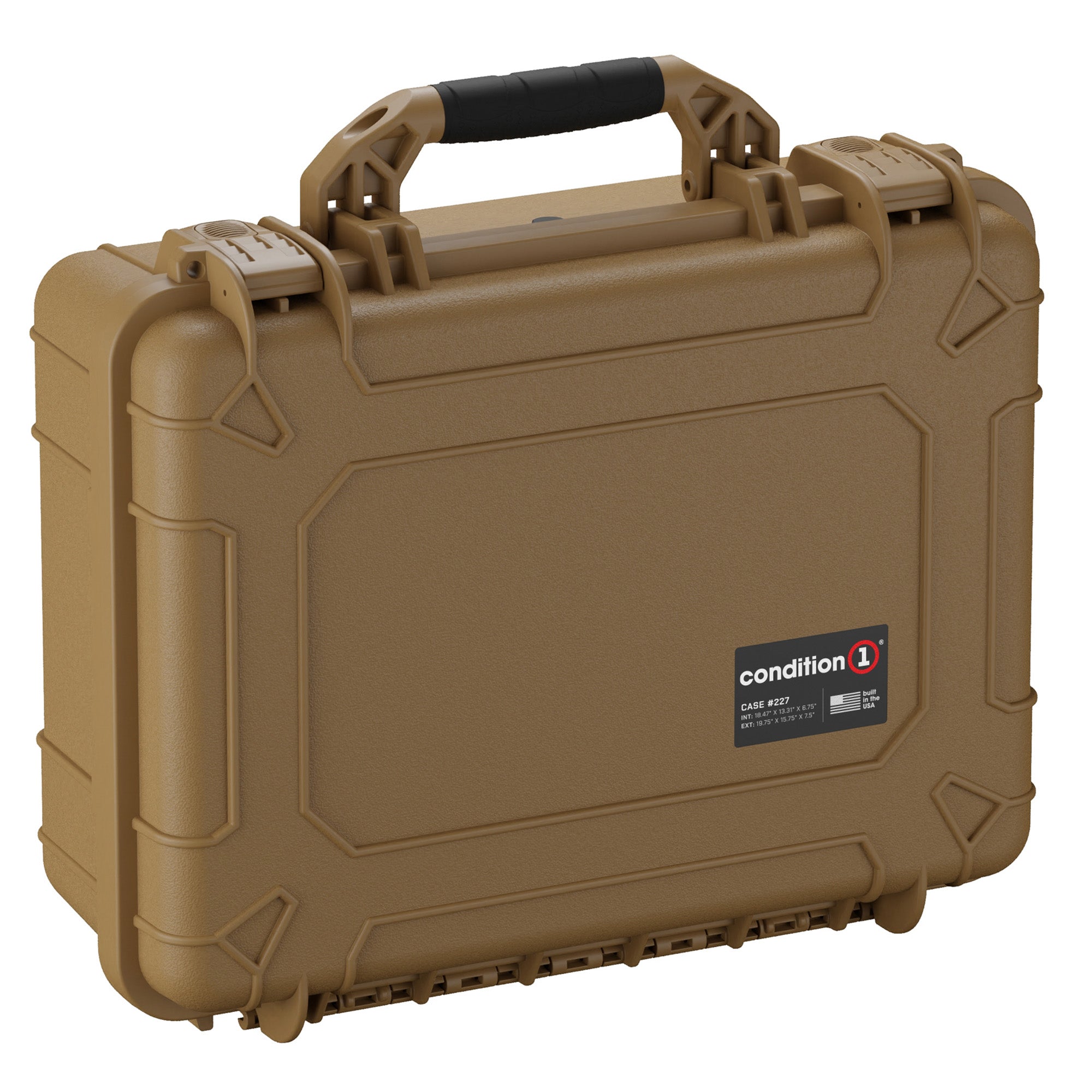 Alt text: "Large, rugged tan protective case, model Condition 1 Case #227, featuring a sturdy handle and secure locking mechanisms, ideal for safeguarding sensitive equipment."