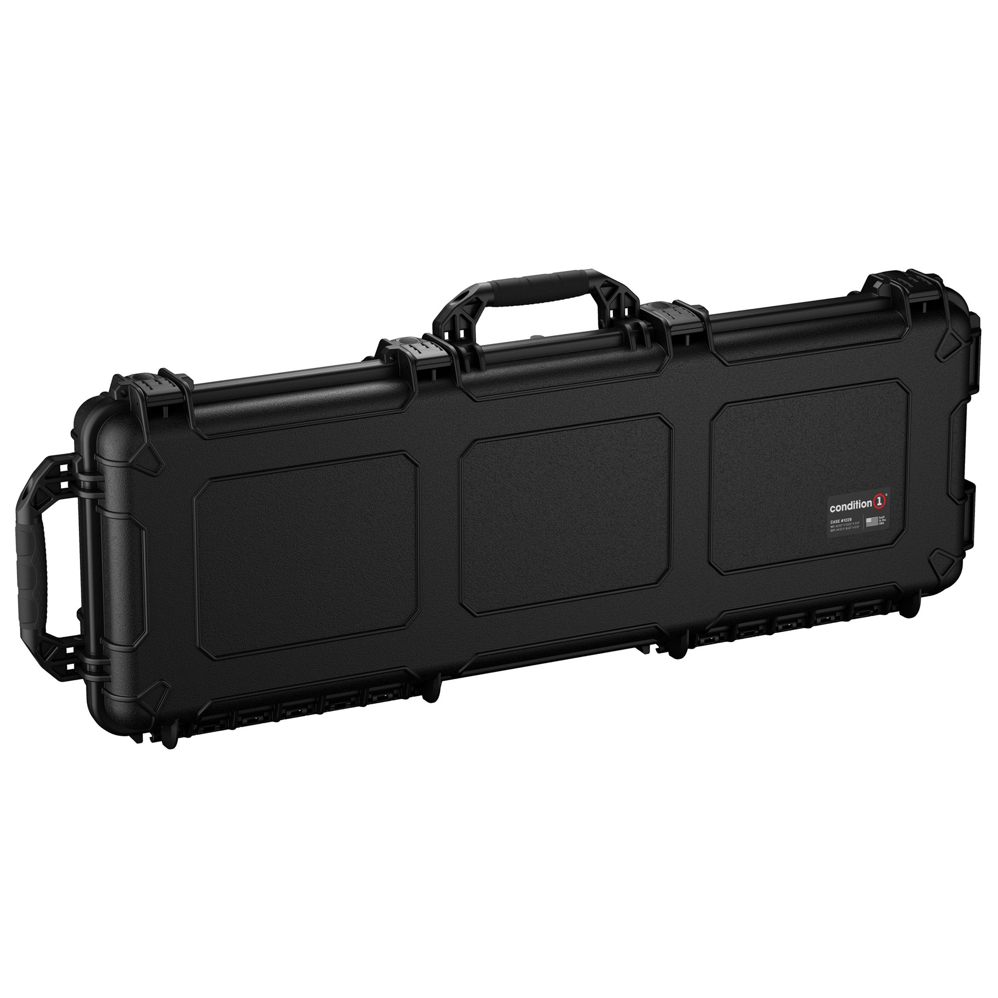 Black 45-inch AR15 rifle case with reinforced edges, handle, and secure latches for firearm storage and transport.