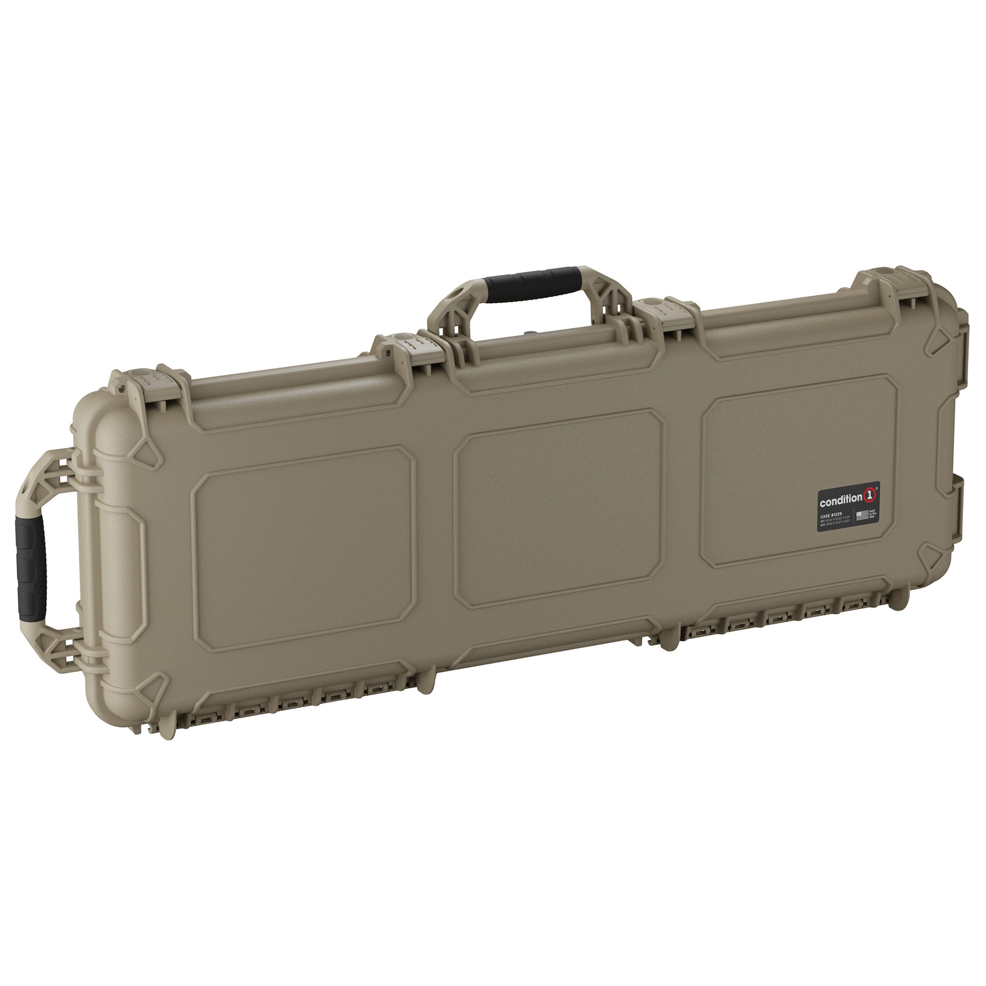 45-inch long tan protective hard case with handle and secure latches, model #1229 for equipment storage and transport.