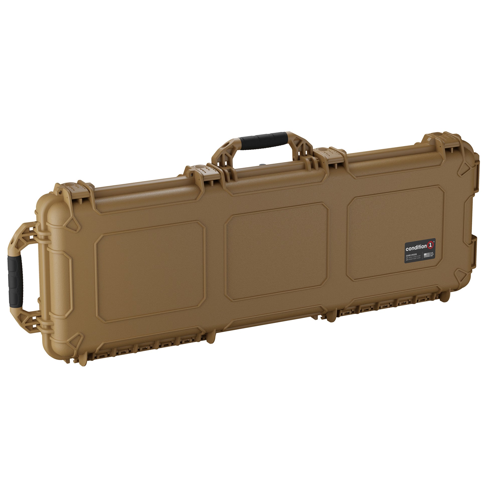 Long tan hard case measuring 45 inches, with a handle and secure latches, designed for durable storage and transport.
