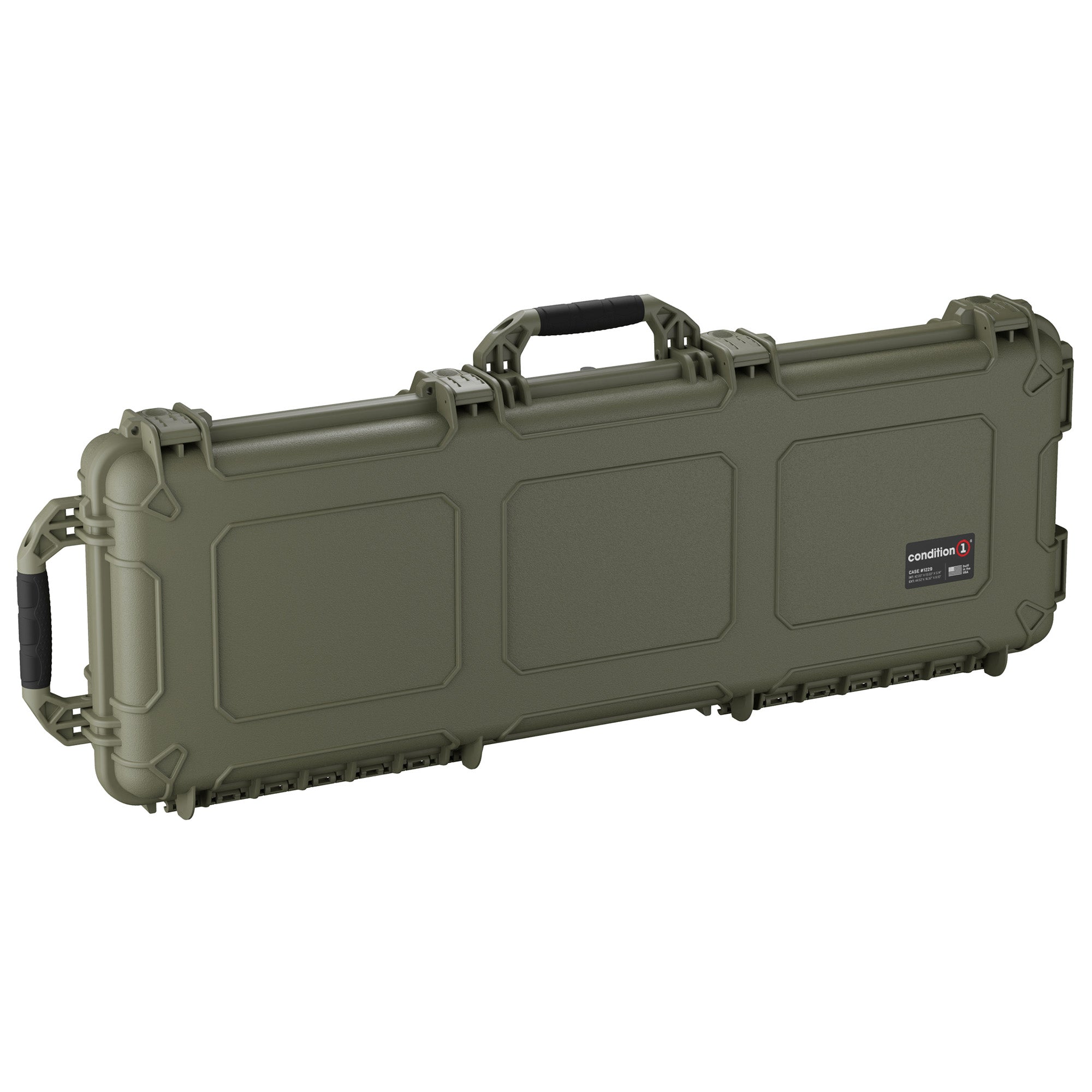 Olive green, 45-inch long protective case with sturdy handle, secure latches, and rugged design for durable storage.