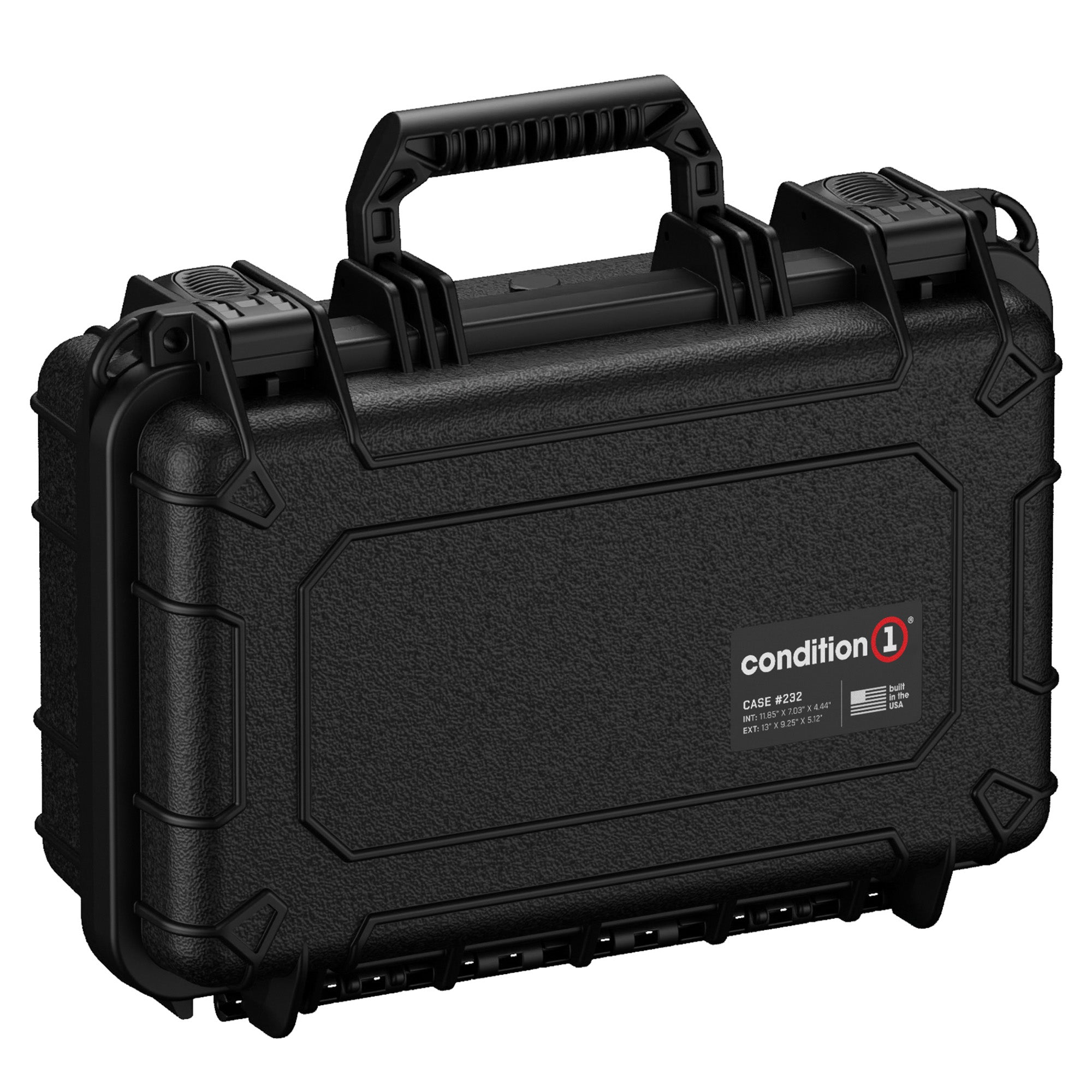 Alt text: "Sturdy black protective hard case, model Condition 1 Case #232, featuring rugged exterior, dual locking clasps, and a robust handle, ideal for secure transport of sensitive equipment."