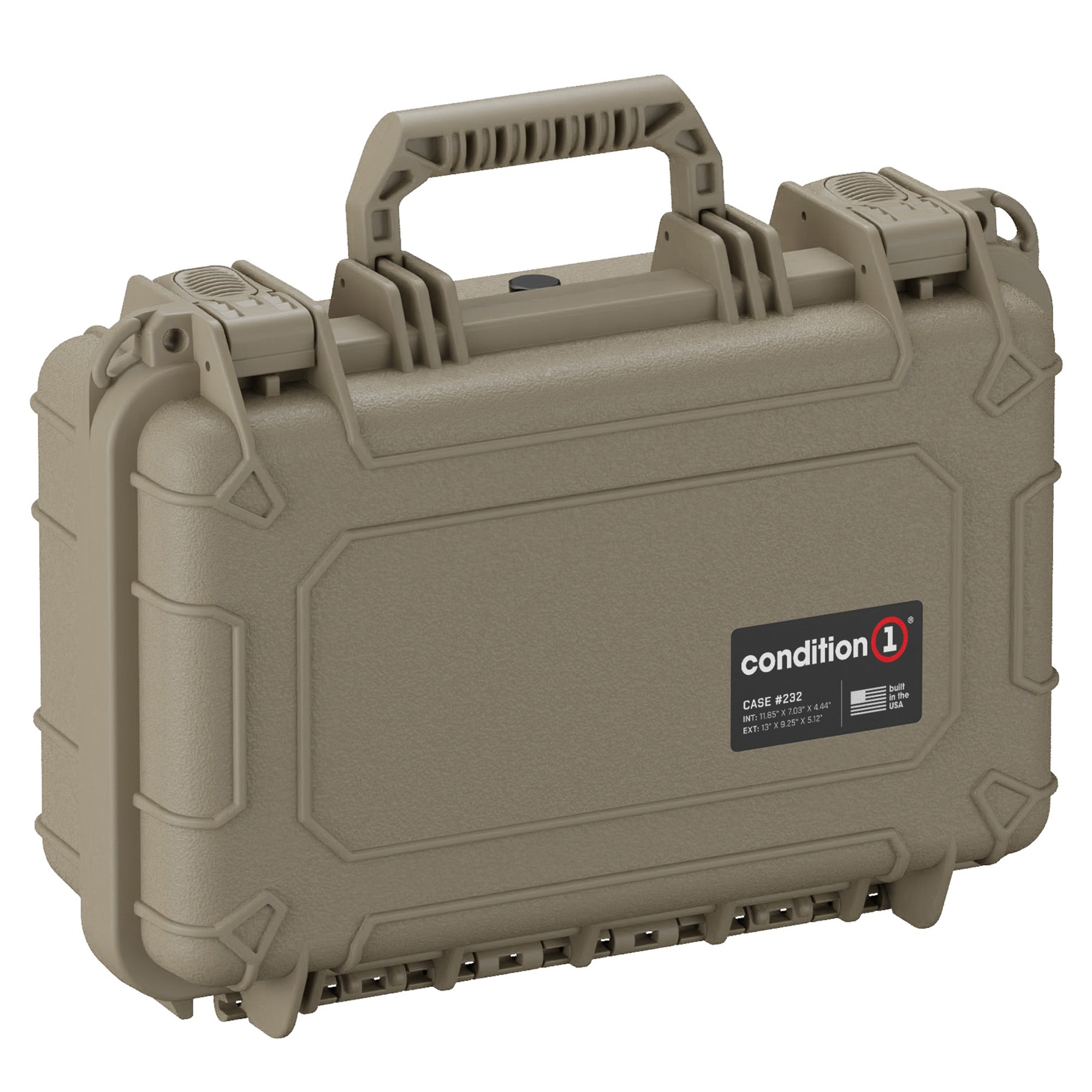 Alt text: "Olive green 13-inch Condition 1 hard case model #232, featuring a rugged exterior with reinforced corners, dual locking clasps, and a sturdy handle for secure and portable storage."
