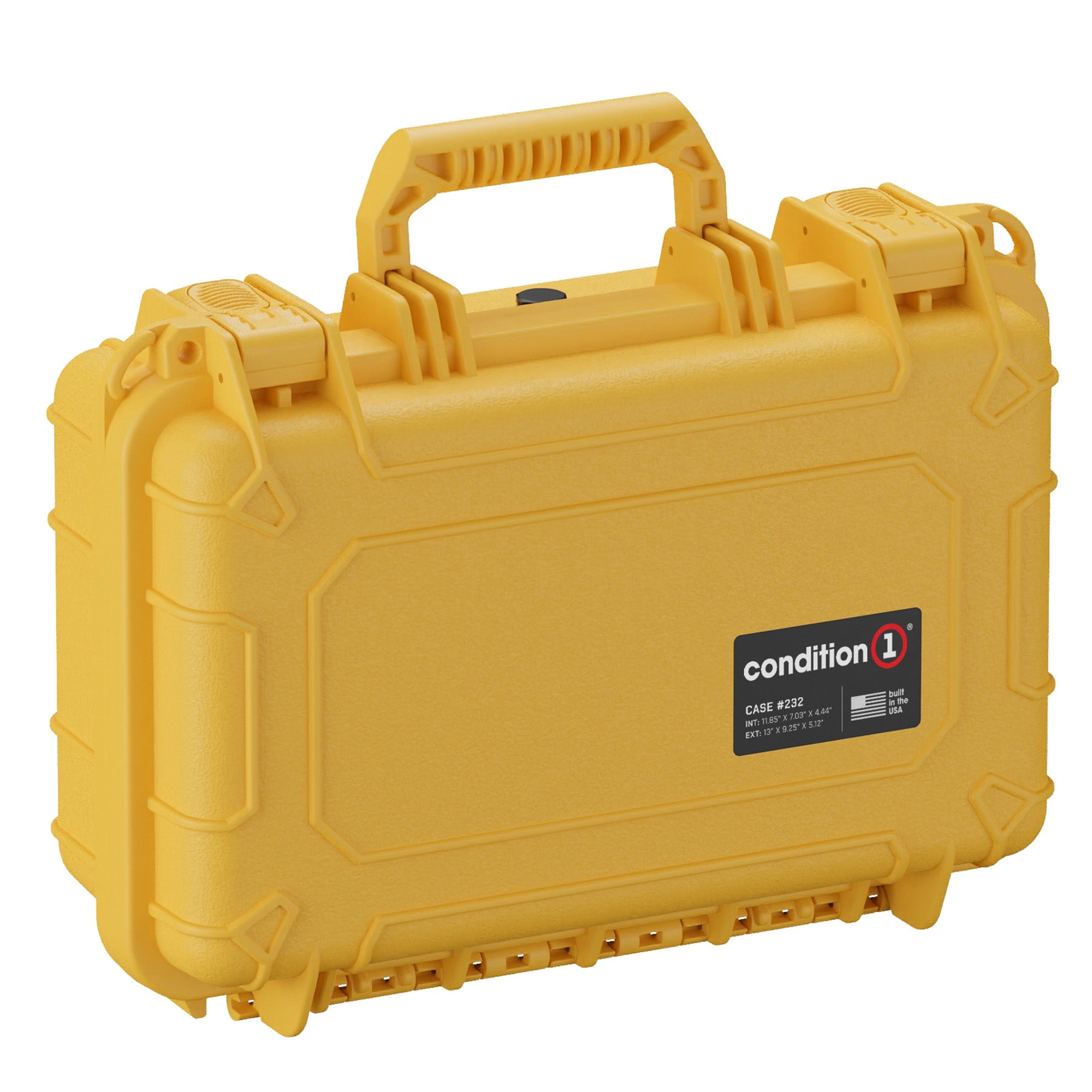 Yellow 13-inch small hard case with a handle, labeled "condition 1" and "CASE #232" for storage or transport.