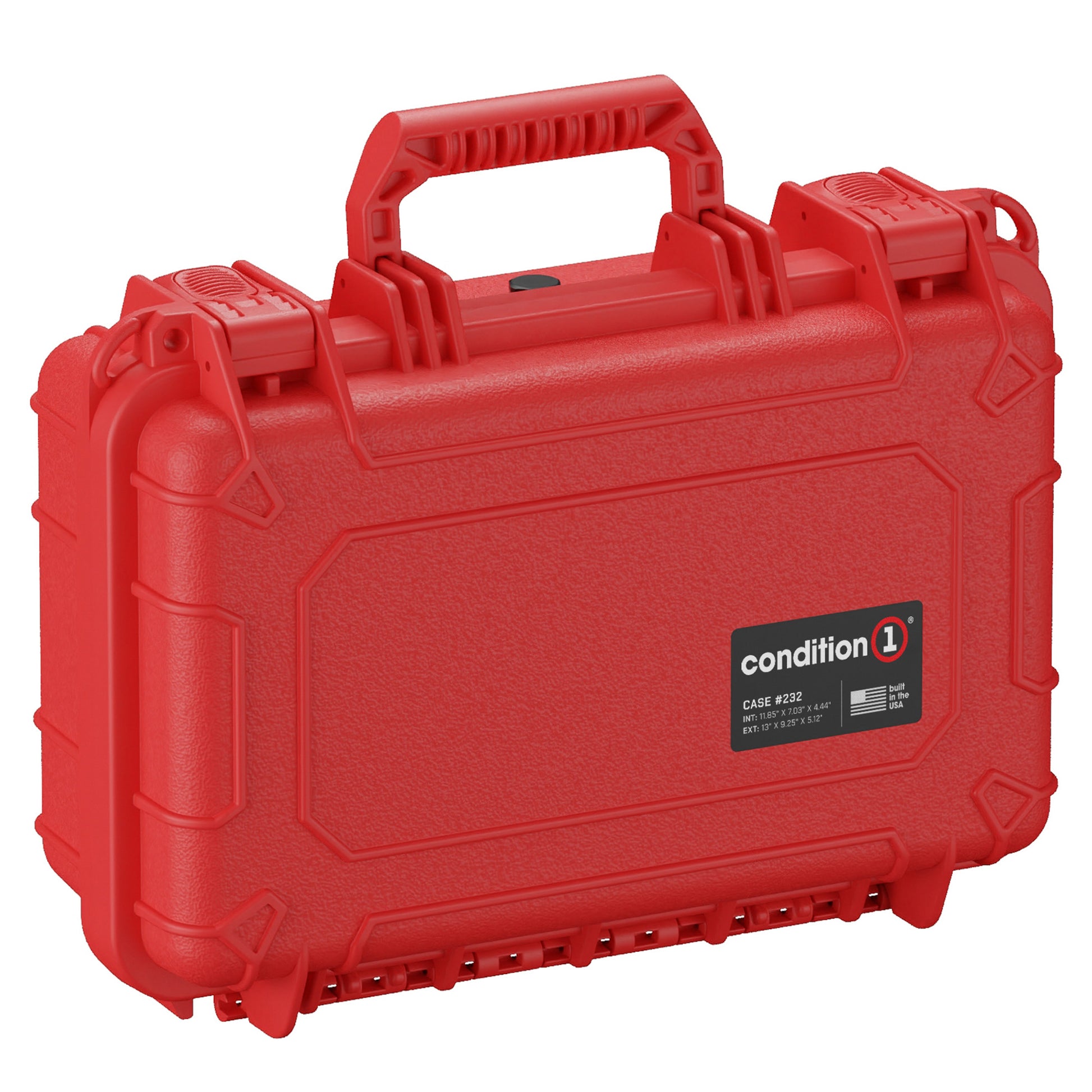 Red hard-shell protective case, model Condition 1 Case #232, 13 inches in size, with a black handle and reinforced corners, featuring dual latches and a label on the front.