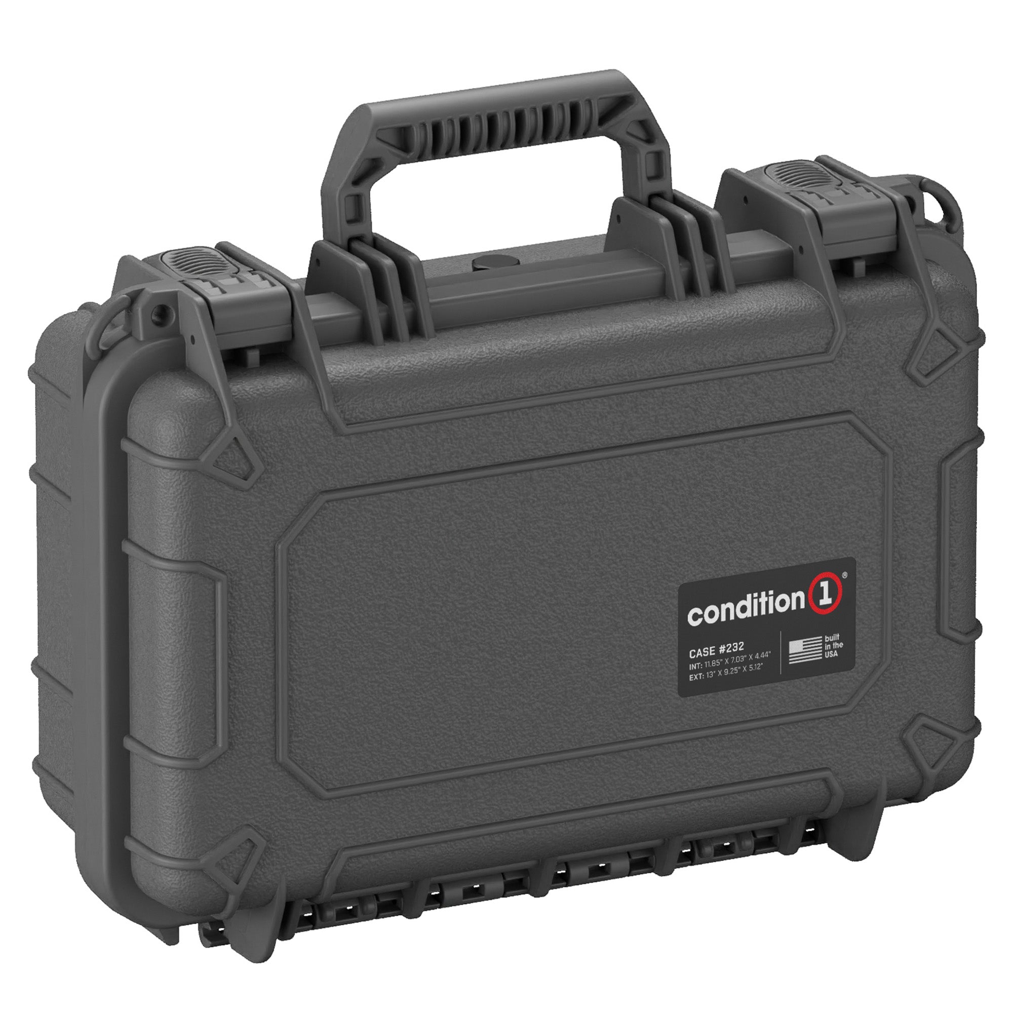 Alt text: "Condition 1 brand rugged small case, model #232, in dark gray with sturdy handle and reinforced corners for durability, measuring 13 inches."