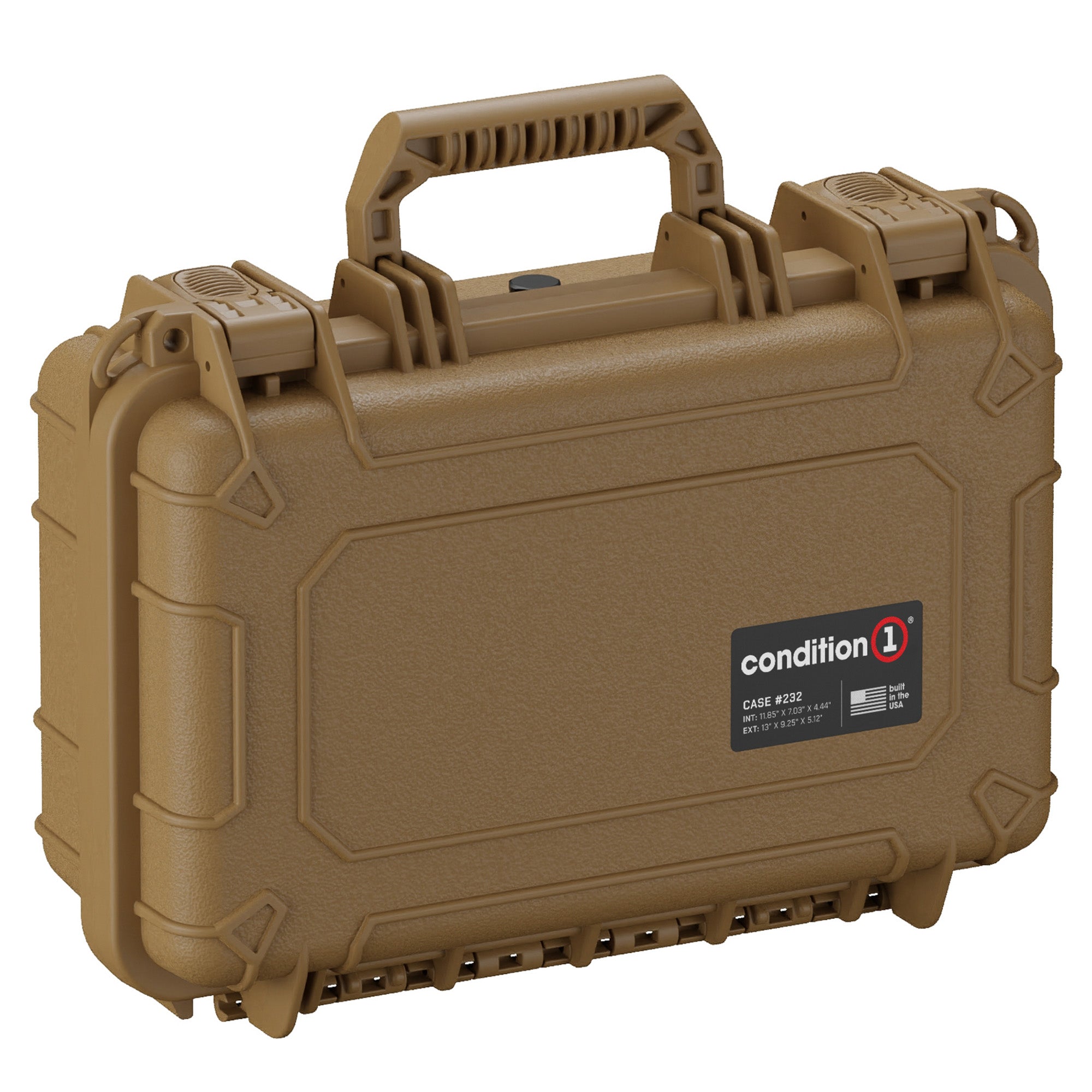 Rugged tan 13-inch small protective hard case, model #232 by Condition 1, featuring a durable handle, secure latches, and a textured exterior for improved grip.