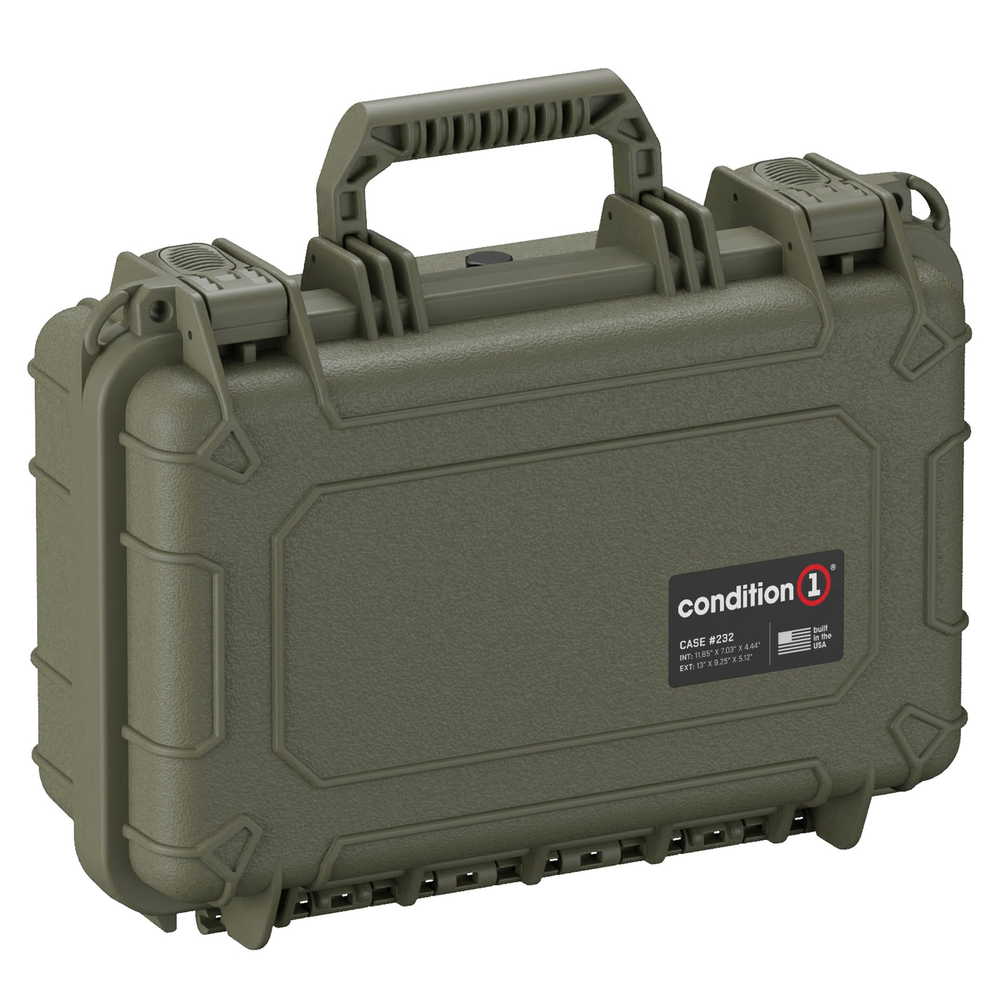 Olive green, rugged small protective case, model #232, with durable handle and secure latching system, featuring Condition 1 brand logo on the front.