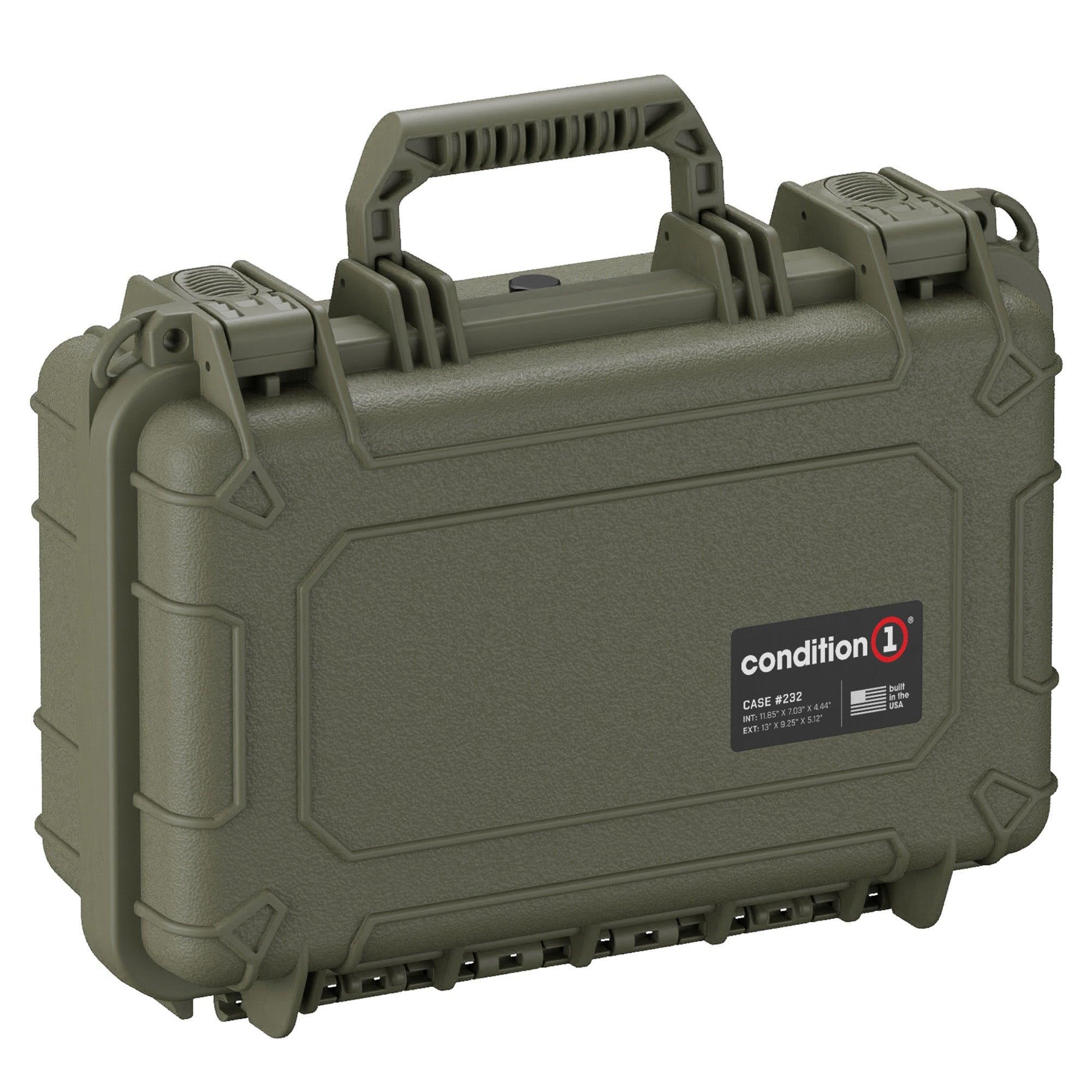 Olive green, rugged small protective case, model #232, with durable handle and secure latching system, featuring Condition 1 brand logo on the front.