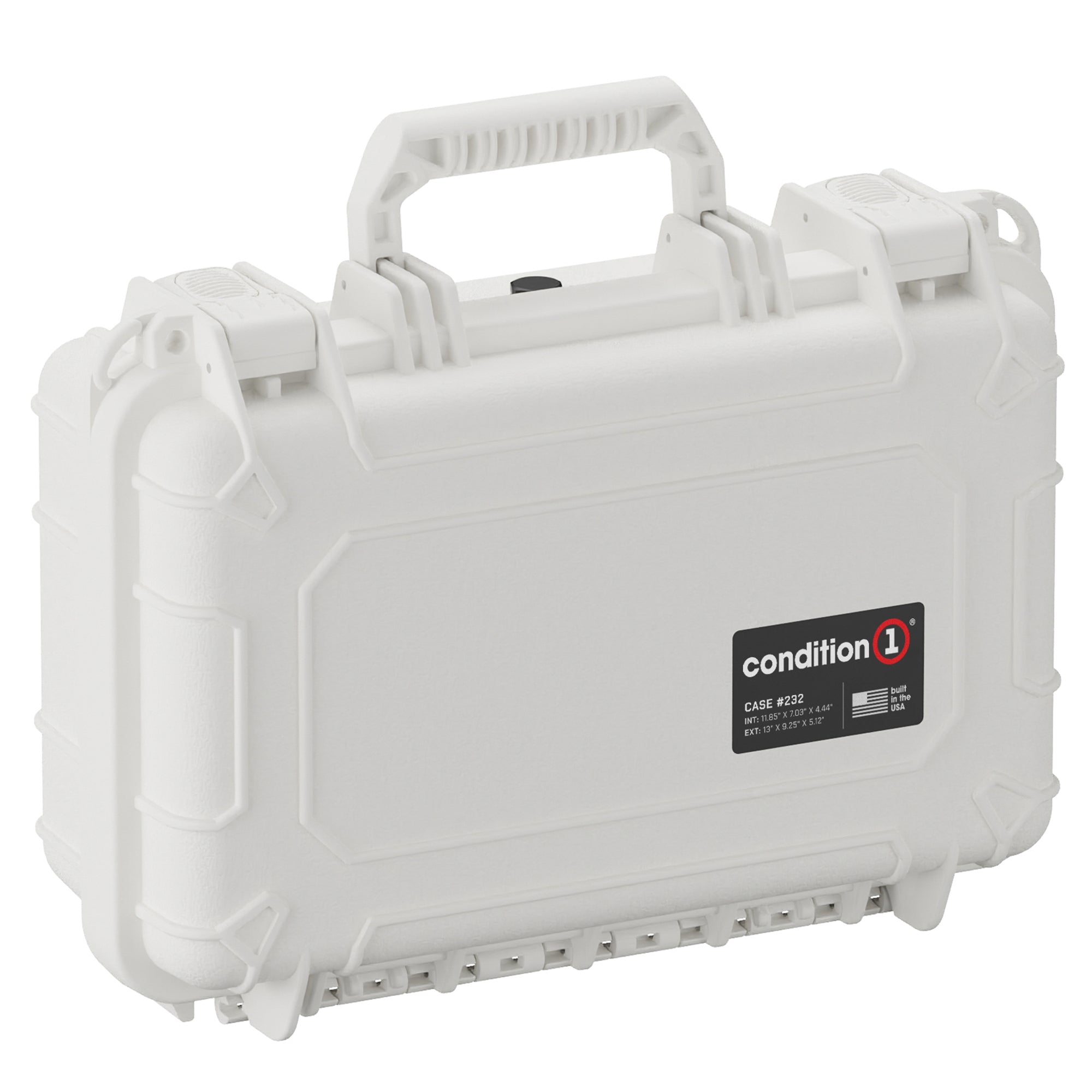 Alt text: White Condition 1 brand hard protective case, model #232, 13 inches in size, featuring durable handles and secure latch closures, ideal for equipment protection and storage.