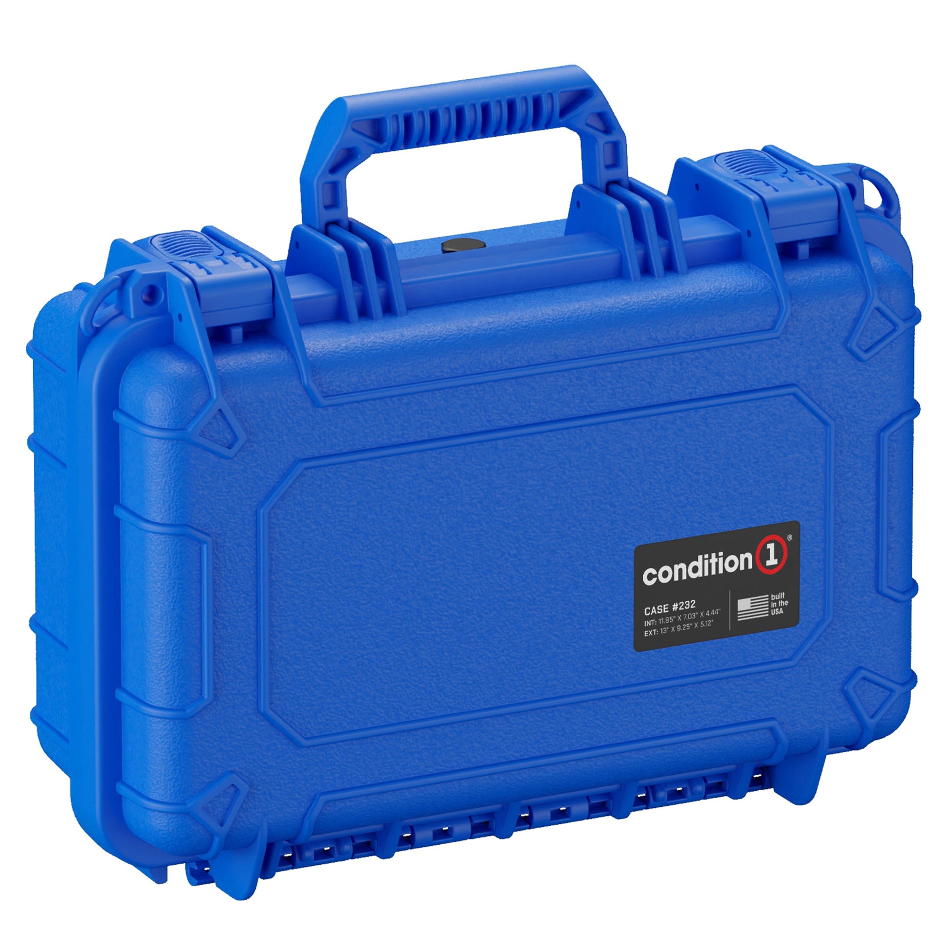 Alt text: "Vibrant blue, rugged hard case from Condition 1, model #232, featuring a sturdy handle, secure latches, and size specifications labeled on the case, ideal for protecting sensitive equipment."
